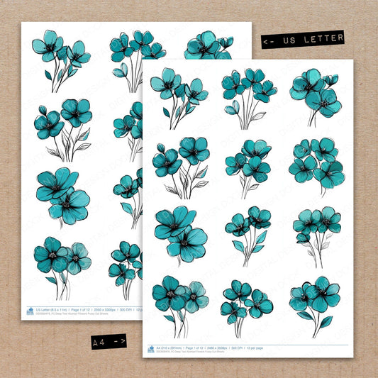 A4 and US Letter format comparison showing Deep Teal Abstract Flowers fussy cut pages for print and cut crafting