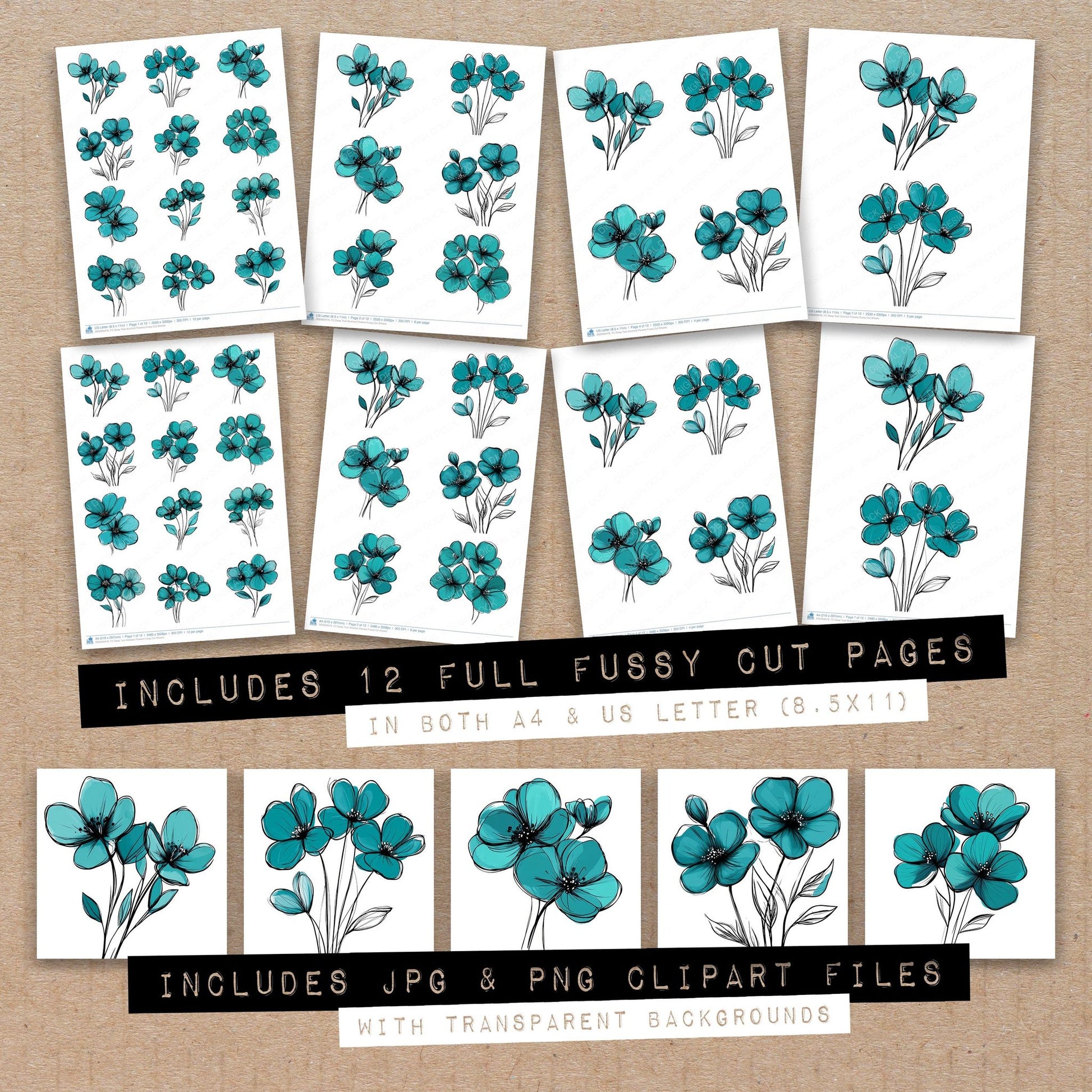 Full collection view of Deep Teal Abstract Flowers fussy cut sheets with bonus clipart JPG and PNG files