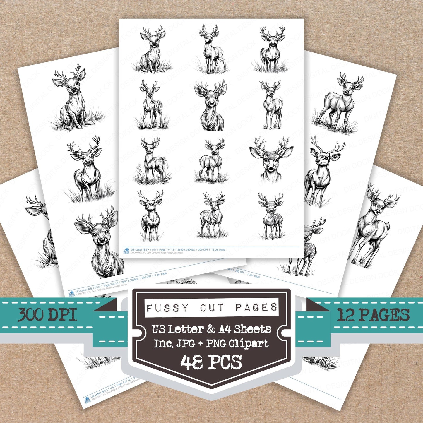 Deer Colouring Page fussy cut printable sheets for junk journaling, scrapbooking, and paper craft projects