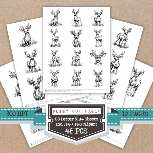 Deer Colouring Page fussy cut printable sheets for junk journaling, scrapbooking, and paper craft projects