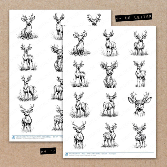 A4 and US Letter format comparison showing Deer Colouring Page fussy cut pages for print and cut crafting