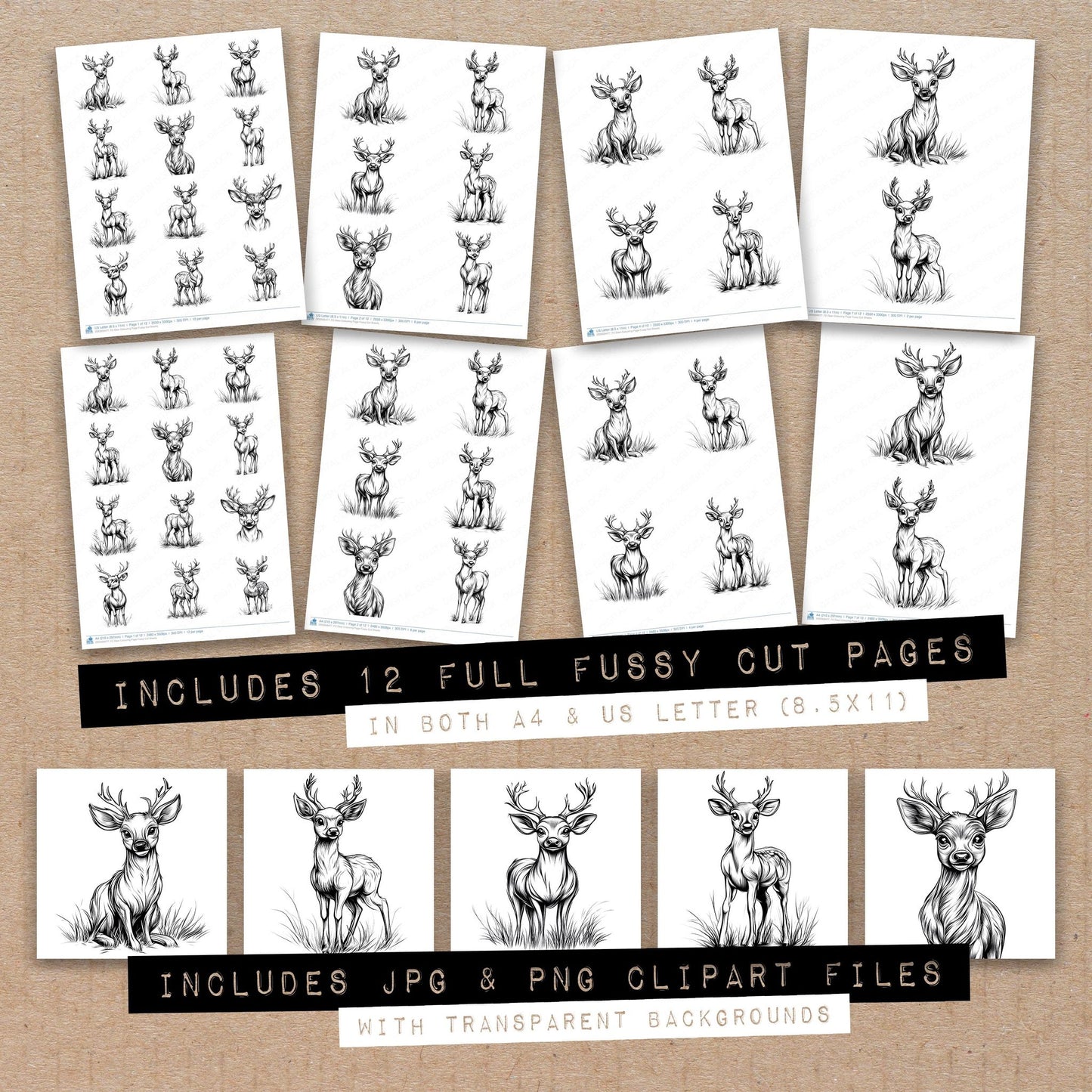 Full collection view of Deer Colouring Page fussy cut sheets with bonus clipart JPG and PNG files
