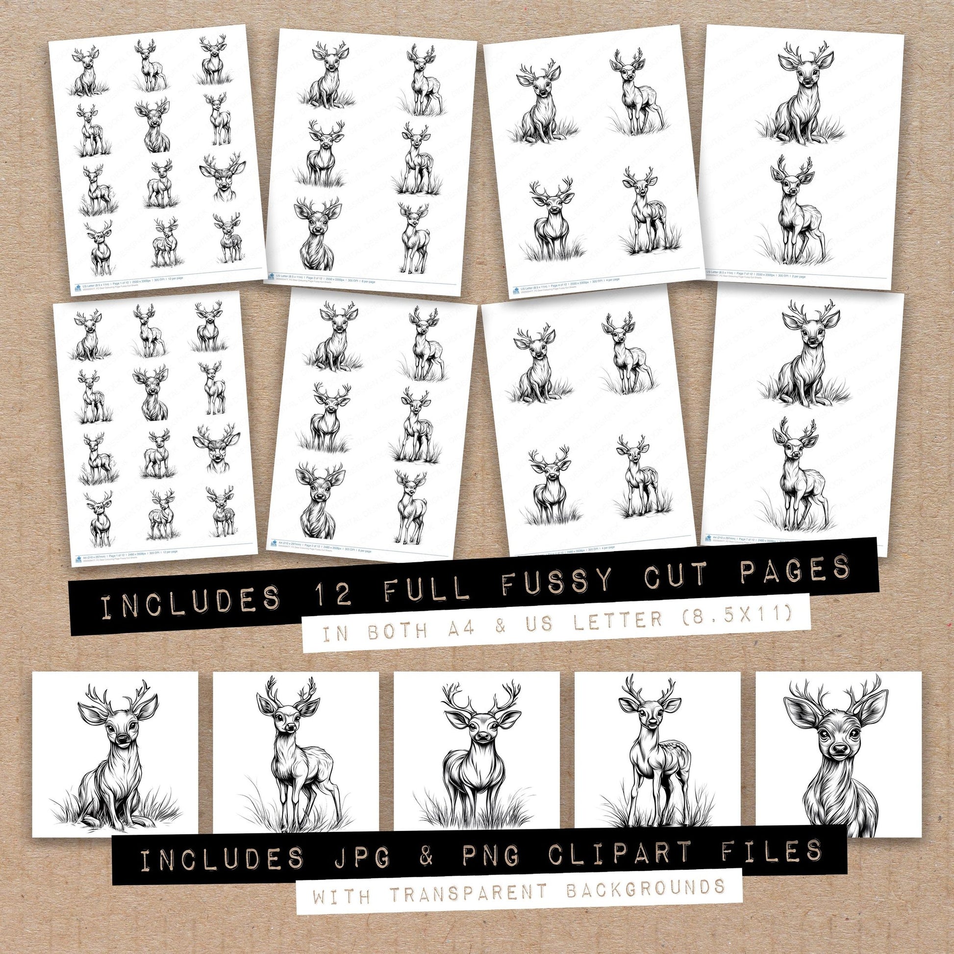 Full collection view of Deer Colouring Page fussy cut sheets with bonus clipart JPG and PNG files