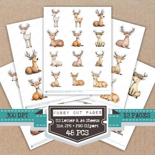 Deer Wearing Flower Crown fussy cut printable sheets for junk journaling, scrapbooking, and paper craft projects