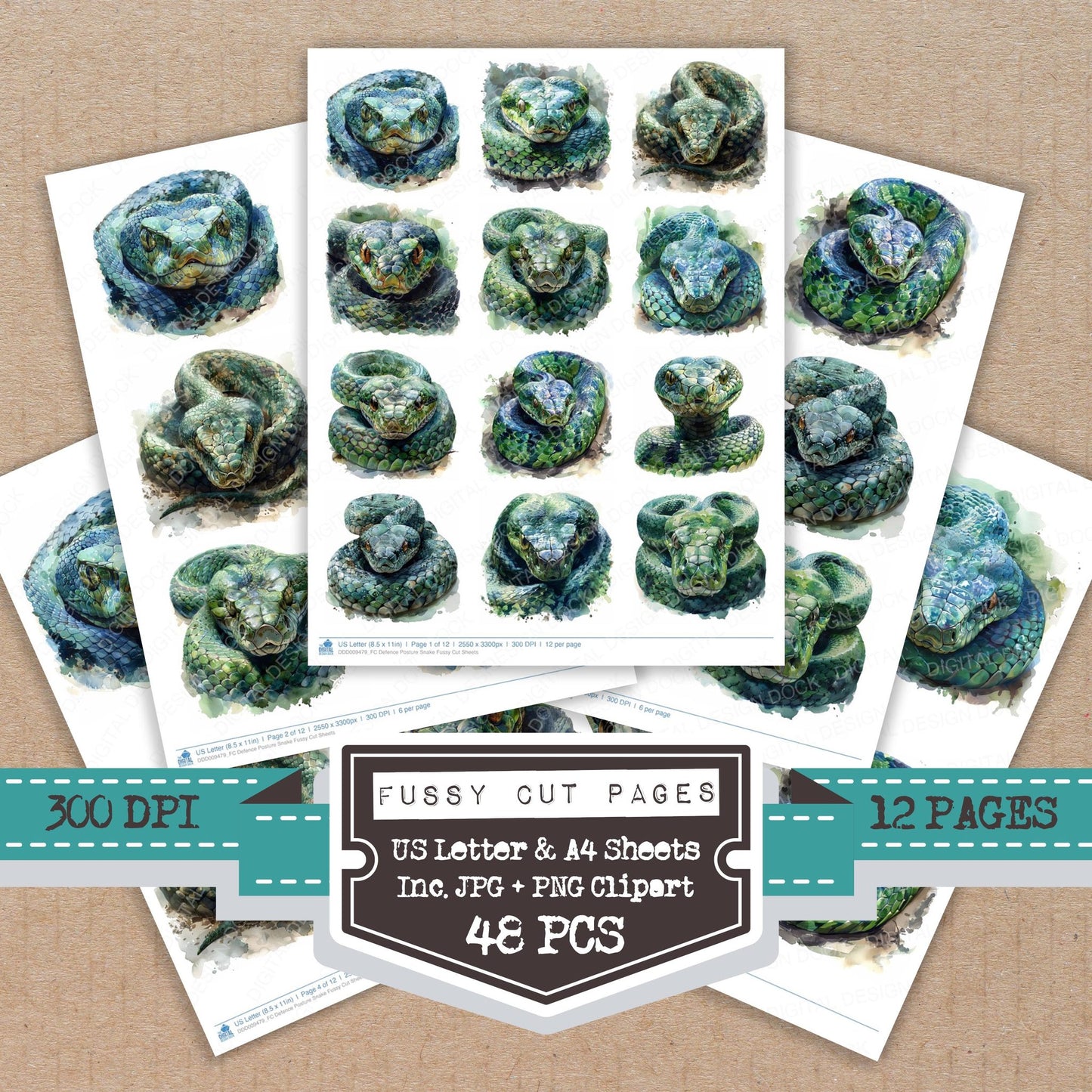 Defence Posture Snake fussy cut printable sheets for junk journaling, scrapbooking, and paper craft projects