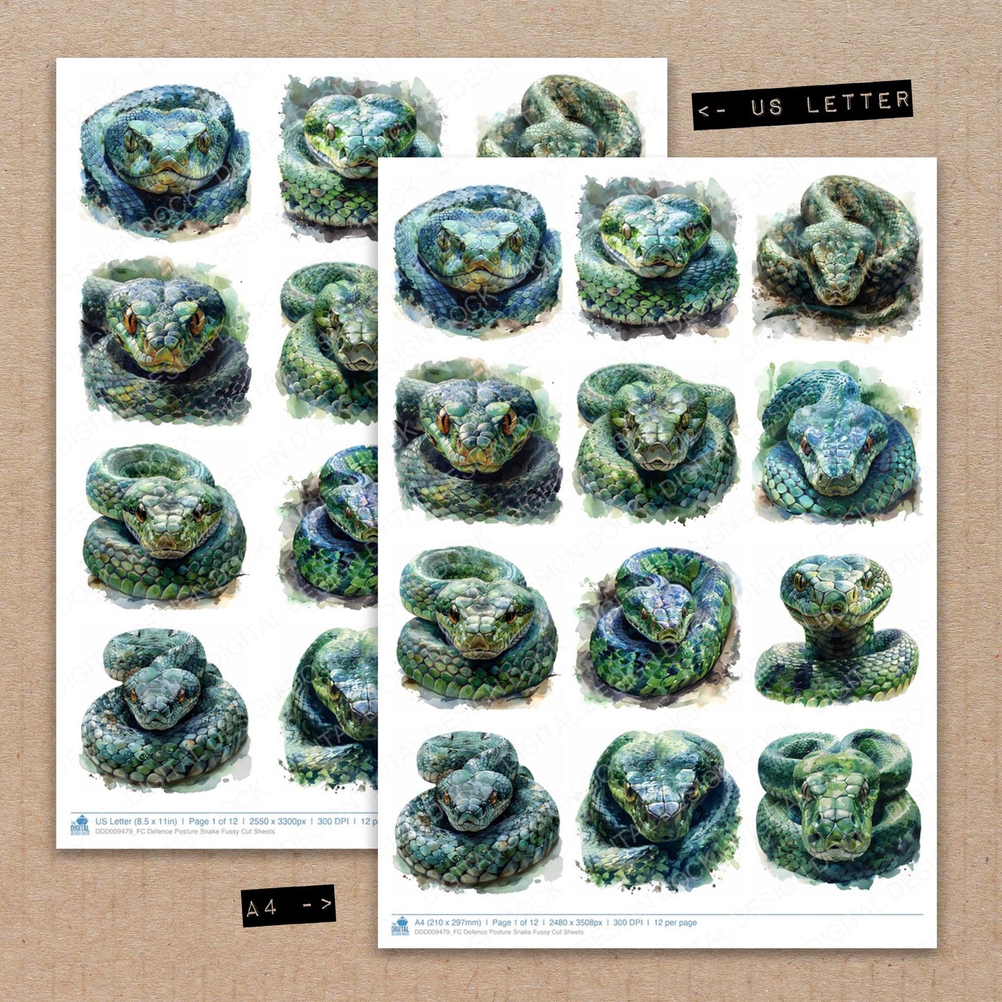 A4 and US Letter format comparison showing Defence Posture Snake fussy cut pages for print and cut crafting