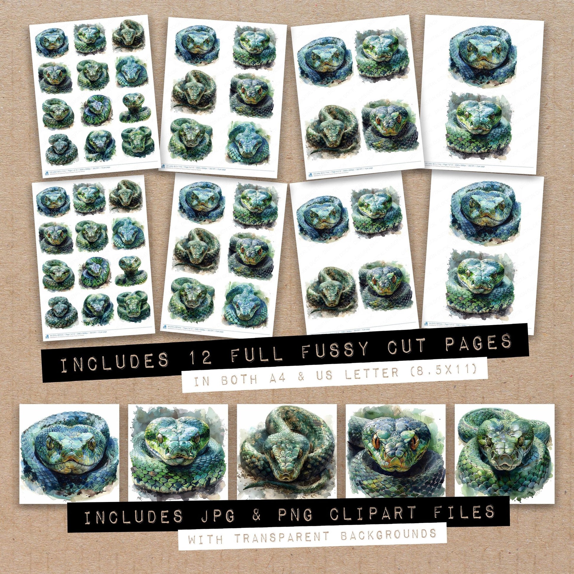 Full collection view of Defence Posture Snake fussy cut sheets with bonus clipart JPG and PNG files