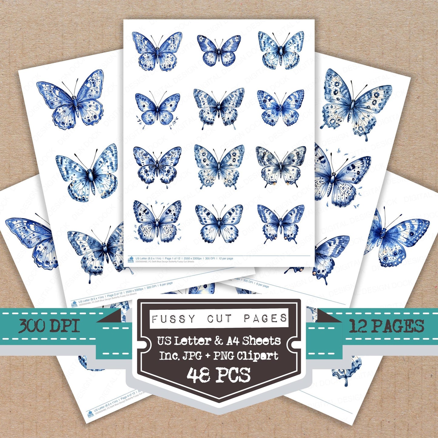 Delft Blue Design Butterfly fussy cut printable sheets for junk journaling, scrapbooking, and paper craft projects