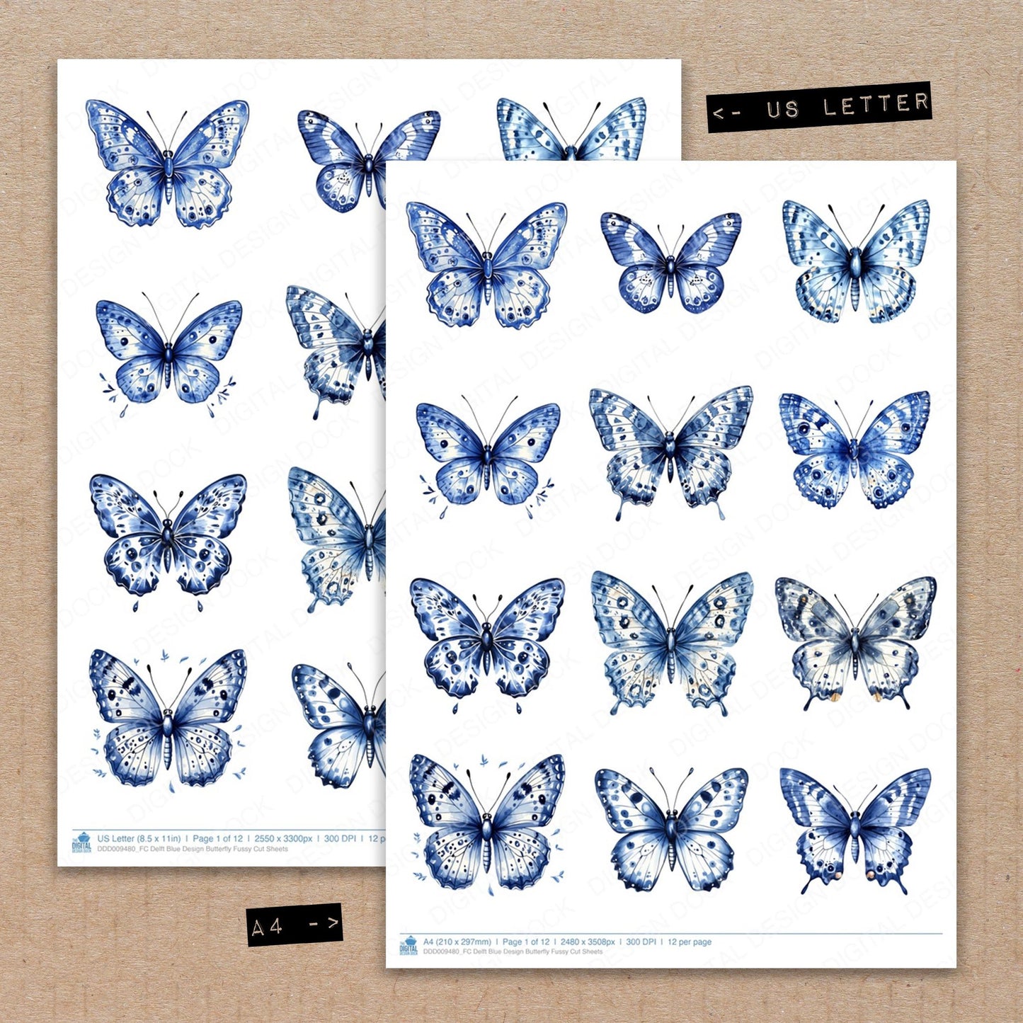 A4 and US Letter format comparison showing Delft Blue Design Butterfly fussy cut pages for print and cut crafting