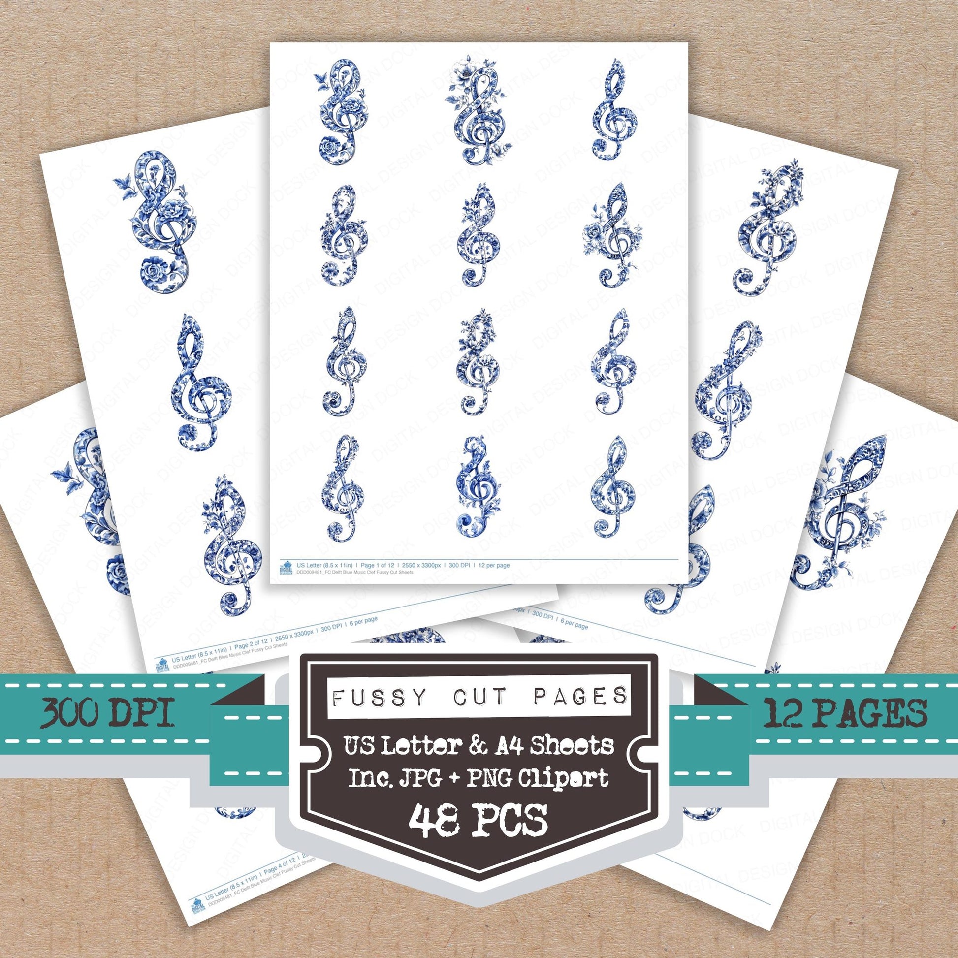 Delft Blue Music Clef fussy cut printable sheets for junk journaling, scrapbooking, and paper craft projects
