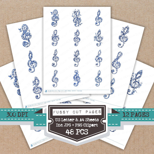 Delft Blue Music Clef fussy cut printable sheets for junk journaling, scrapbooking, and paper craft projects