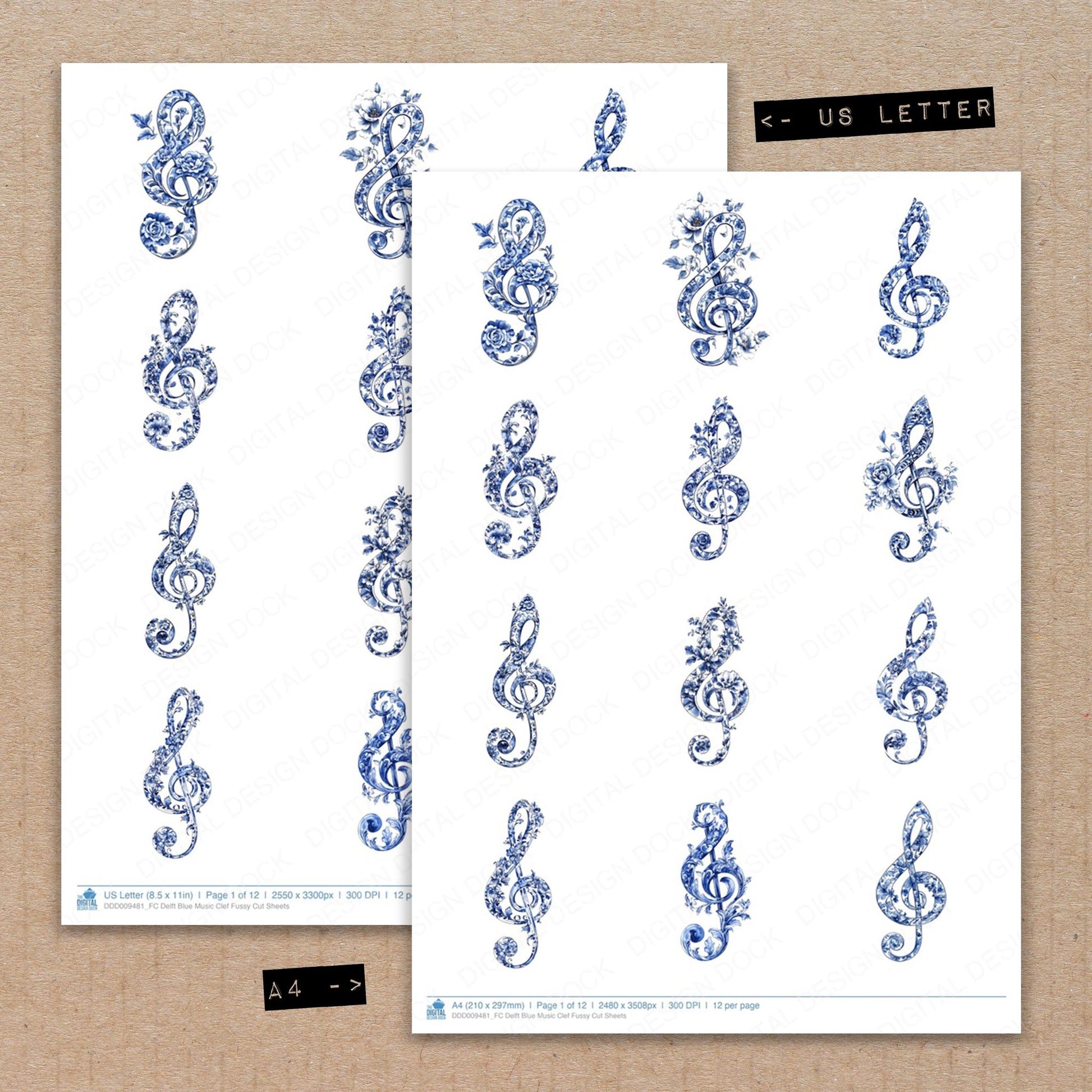 A4 and US Letter format comparison showing Delft Blue Music Clef fussy cut pages for print and cut crafting