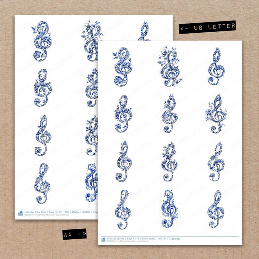 A4 and US Letter format comparison showing Delft Blue Music Clef fussy cut pages for print and cut crafting