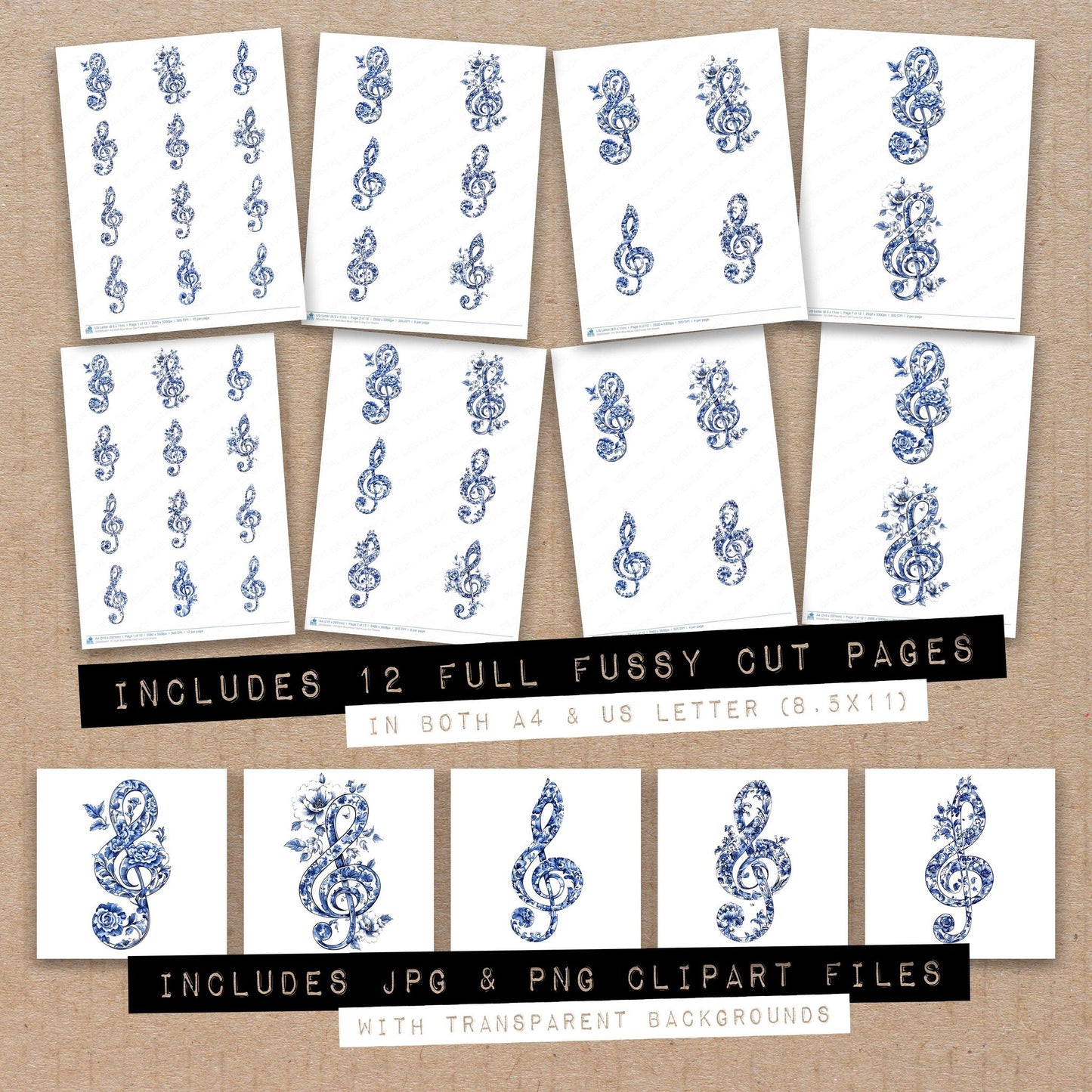 Full collection view of Delft Blue Music Clef fussy cut sheets with bonus clipart JPG and PNG files