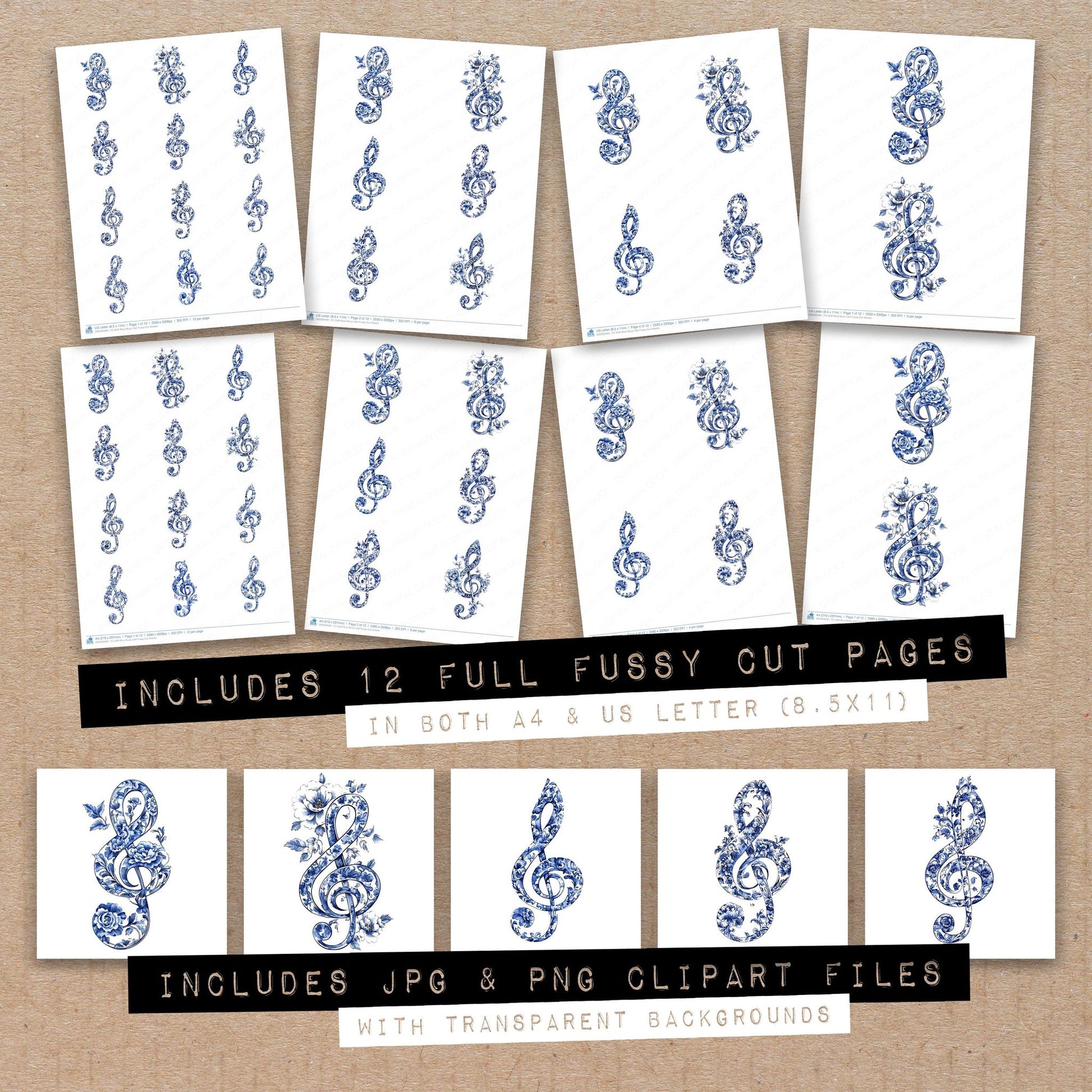 Full collection view of Delft Blue Music Clef fussy cut sheets with bonus clipart JPG and PNG files