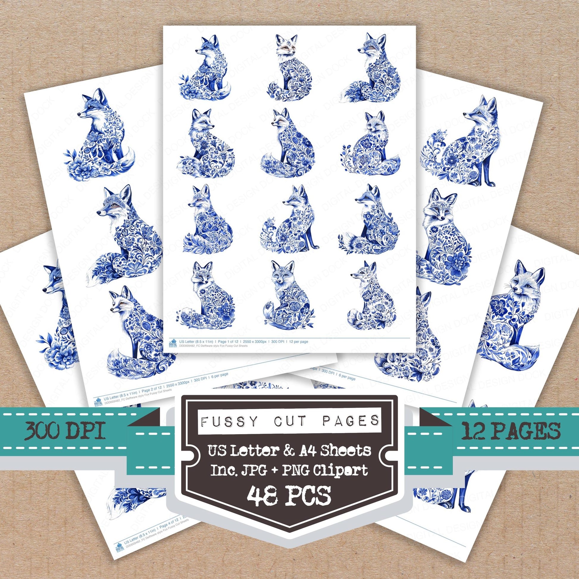 Delftware style Fox fussy cut printable sheets for junk journaling, scrapbooking, and paper craft projects