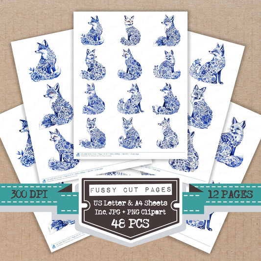 Delftware style Fox fussy cut printable sheets for junk journaling, scrapbooking, and paper craft projects