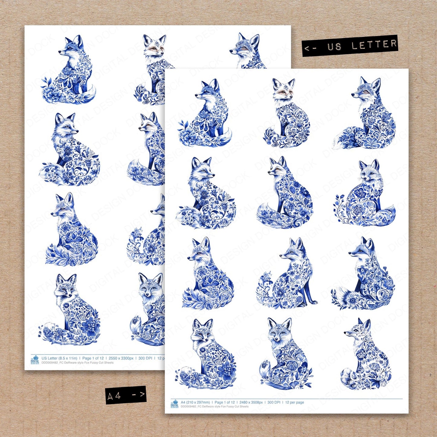 A4 and US Letter format comparison showing Delftware style Fox fussy cut pages for print and cut crafting