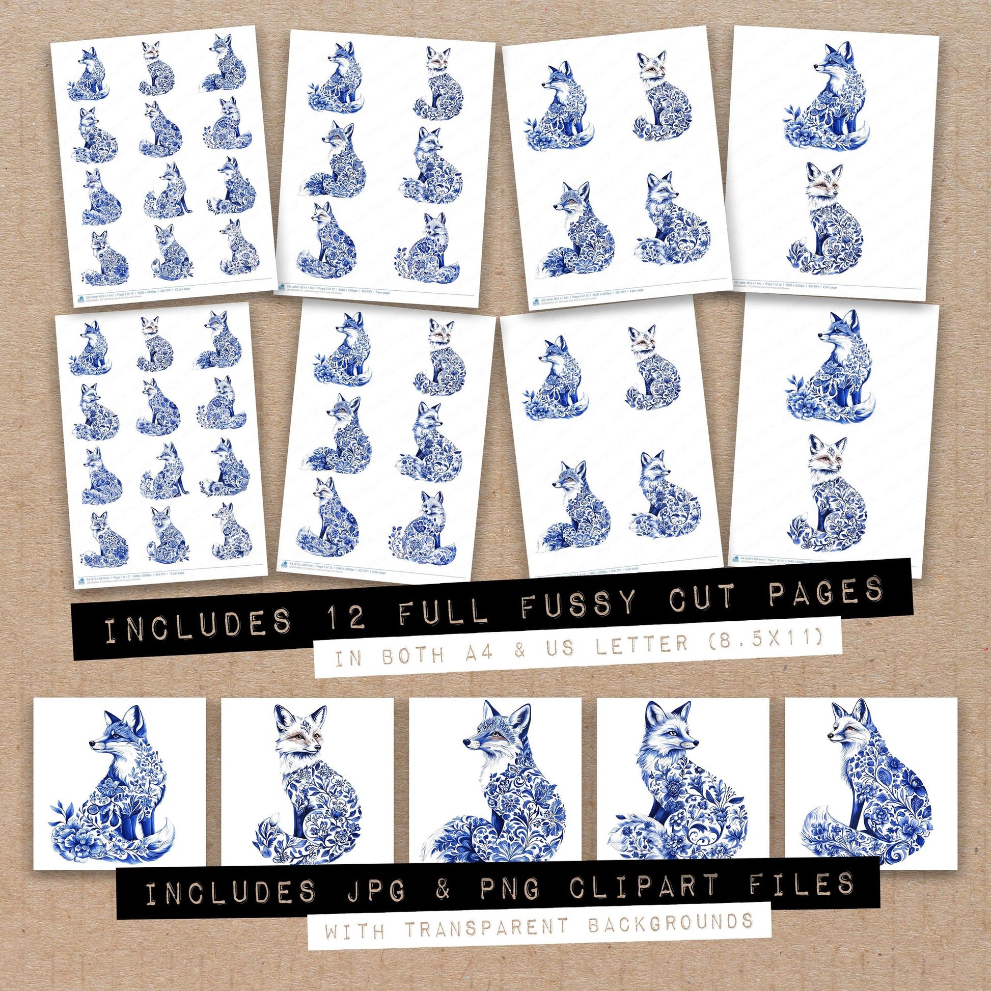 Full collection view of Delftware style Fox fussy cut sheets with bonus clipart JPG and PNG files