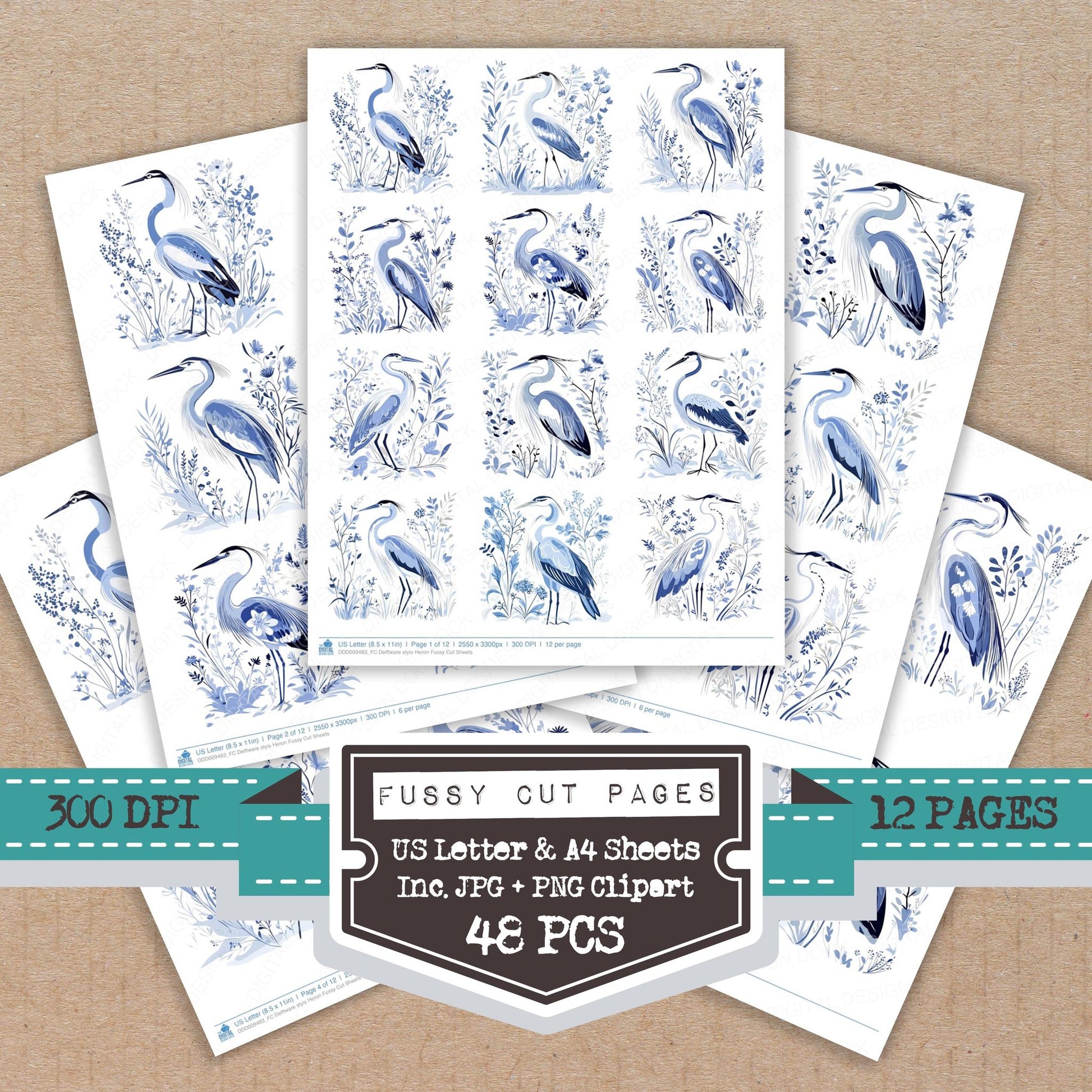 Delftware style Heron fussy cut printable sheets for junk journaling, scrapbooking, and paper craft projects