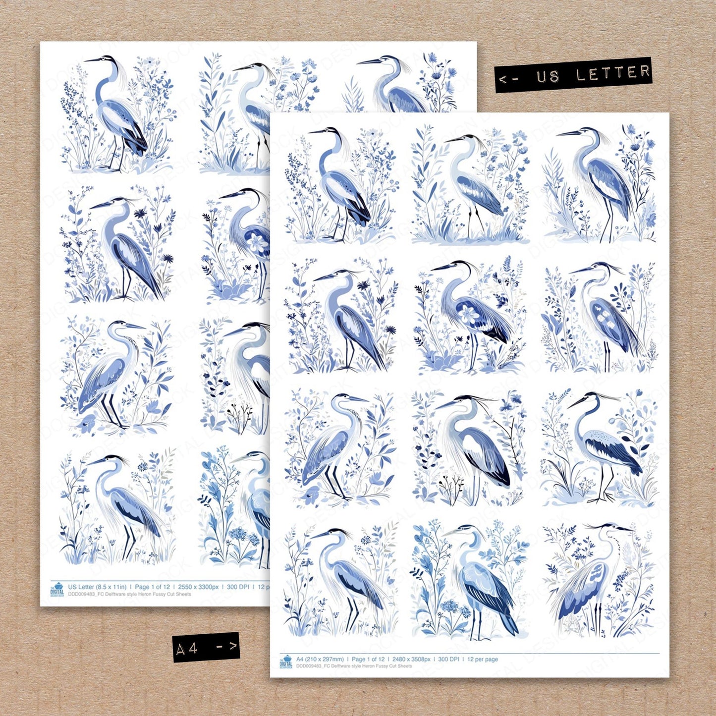 A4 and US Letter format comparison showing Delftware style Heron fussy cut pages for print and cut crafting