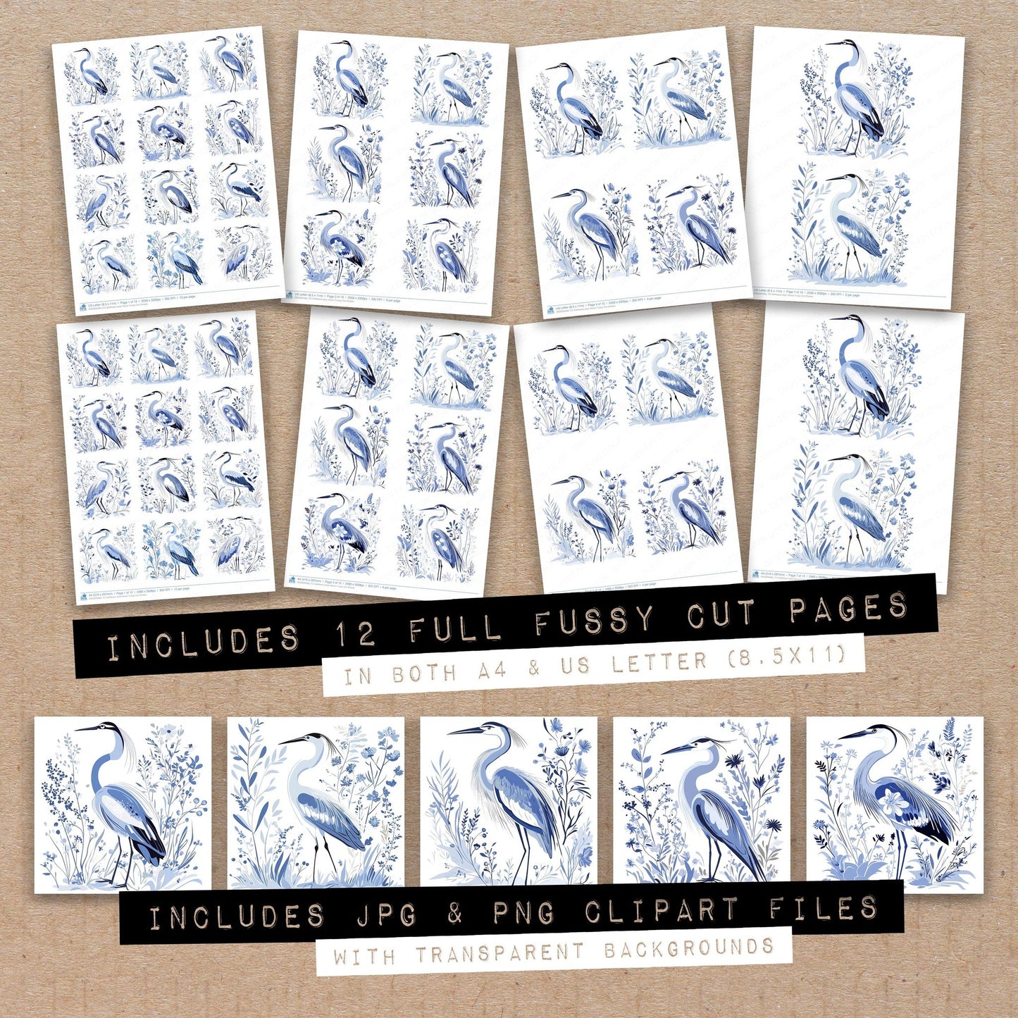Full collection view of Delftware style Heron fussy cut sheets with bonus clipart JPG and PNG files
