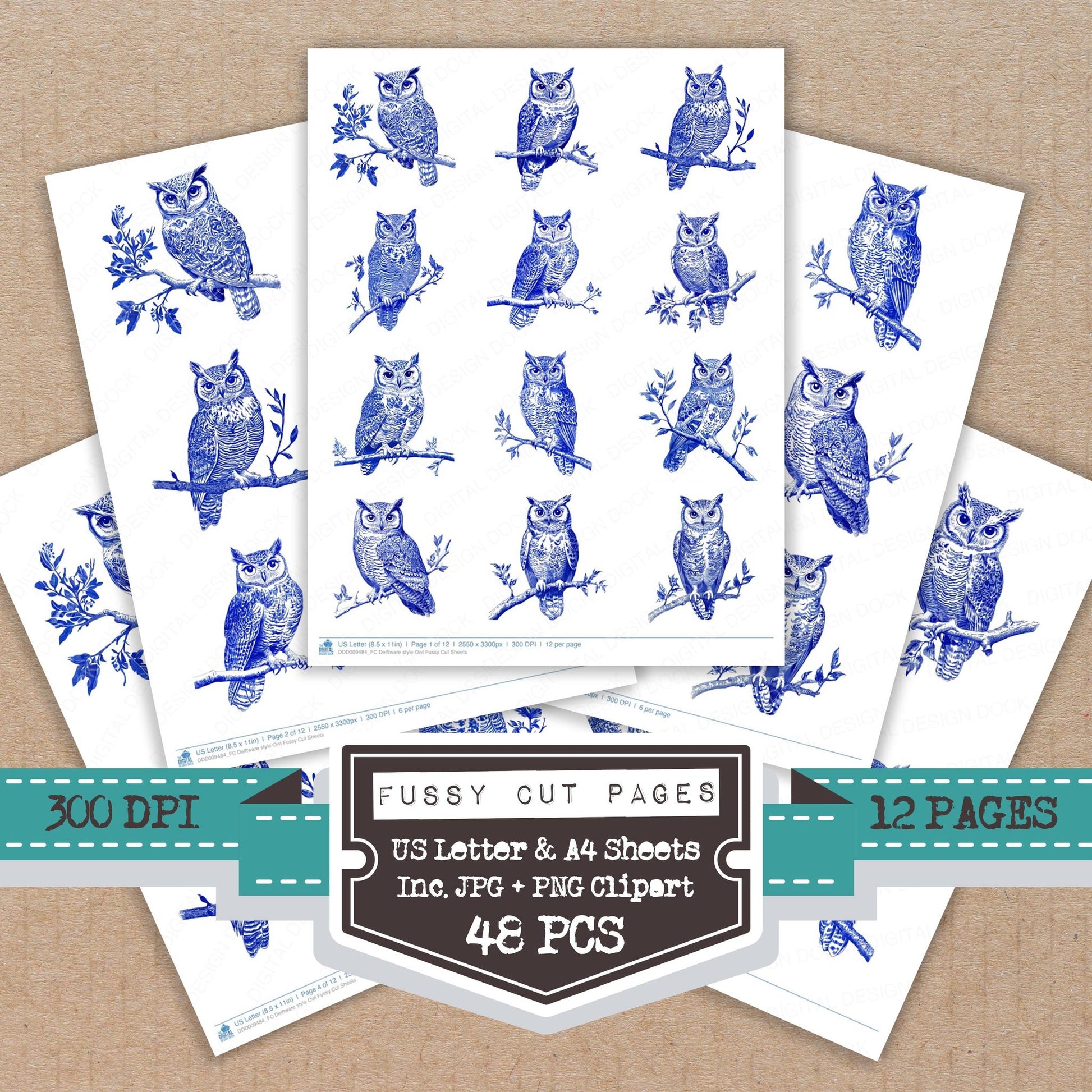 Delftware style Owl fussy cut printable sheets for junk journaling, scrapbooking, and paper craft projects