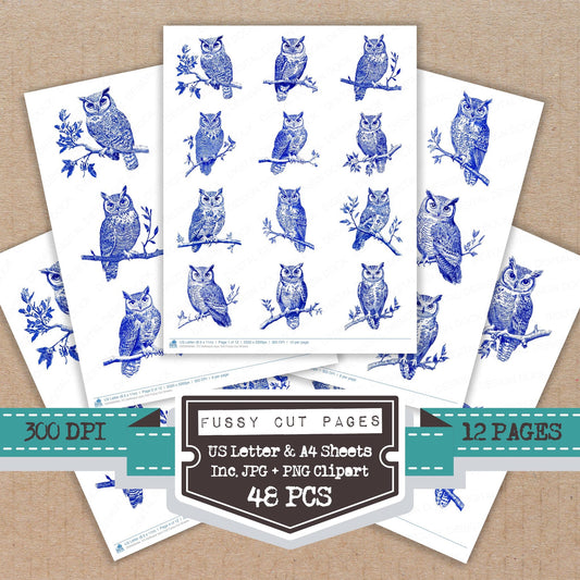 Delftware style Owl fussy cut printable sheets for junk journaling, scrapbooking, and paper craft projects