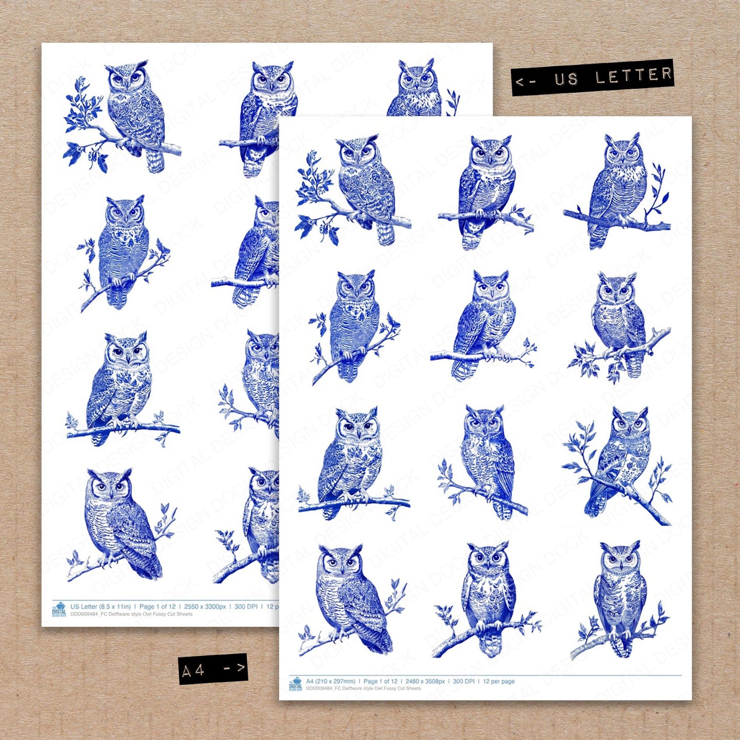 A4 and US Letter format comparison showing Delftware style Owl fussy cut pages for print and cut crafting