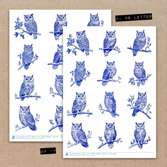A4 and US Letter format comparison showing Delftware style Owl fussy cut pages for print and cut crafting