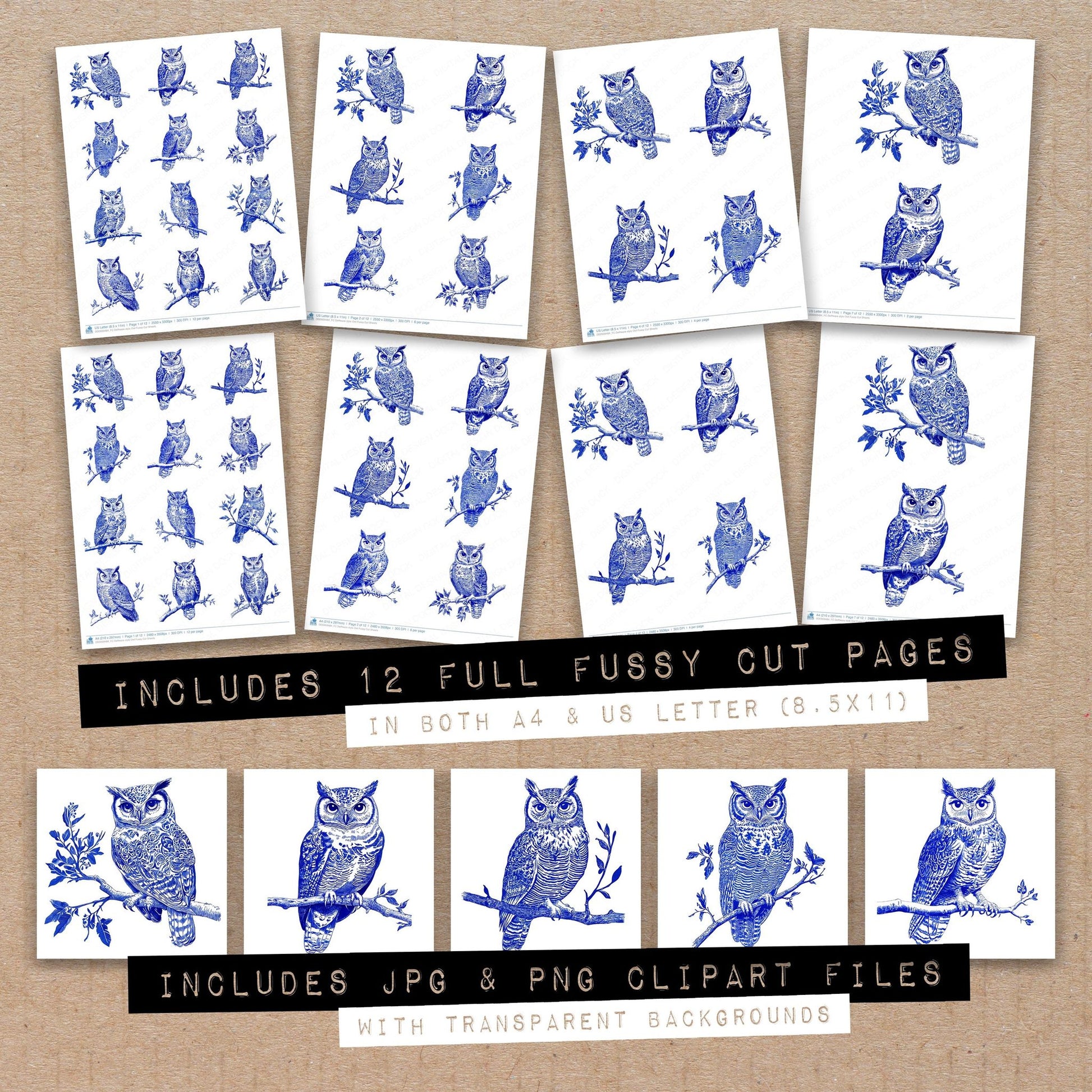 Full collection view of Delftware style Owl fussy cut sheets with bonus clipart JPG and PNG files
