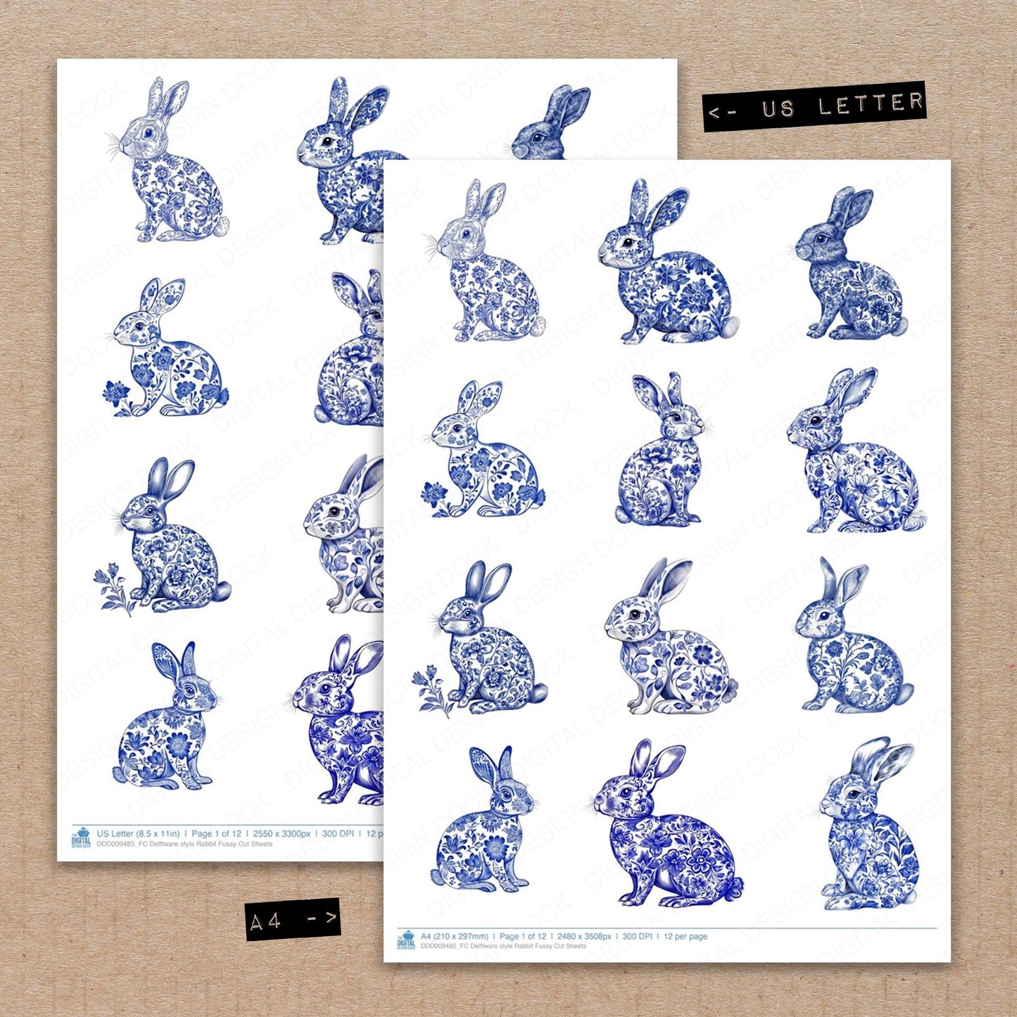 Delftware style Rabbit Fussy Cut Sheets (DDD009485)