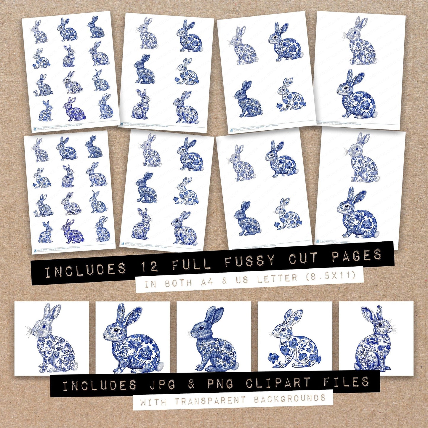 Delftware style Rabbit Fussy Cut Sheets (DDD009485)
