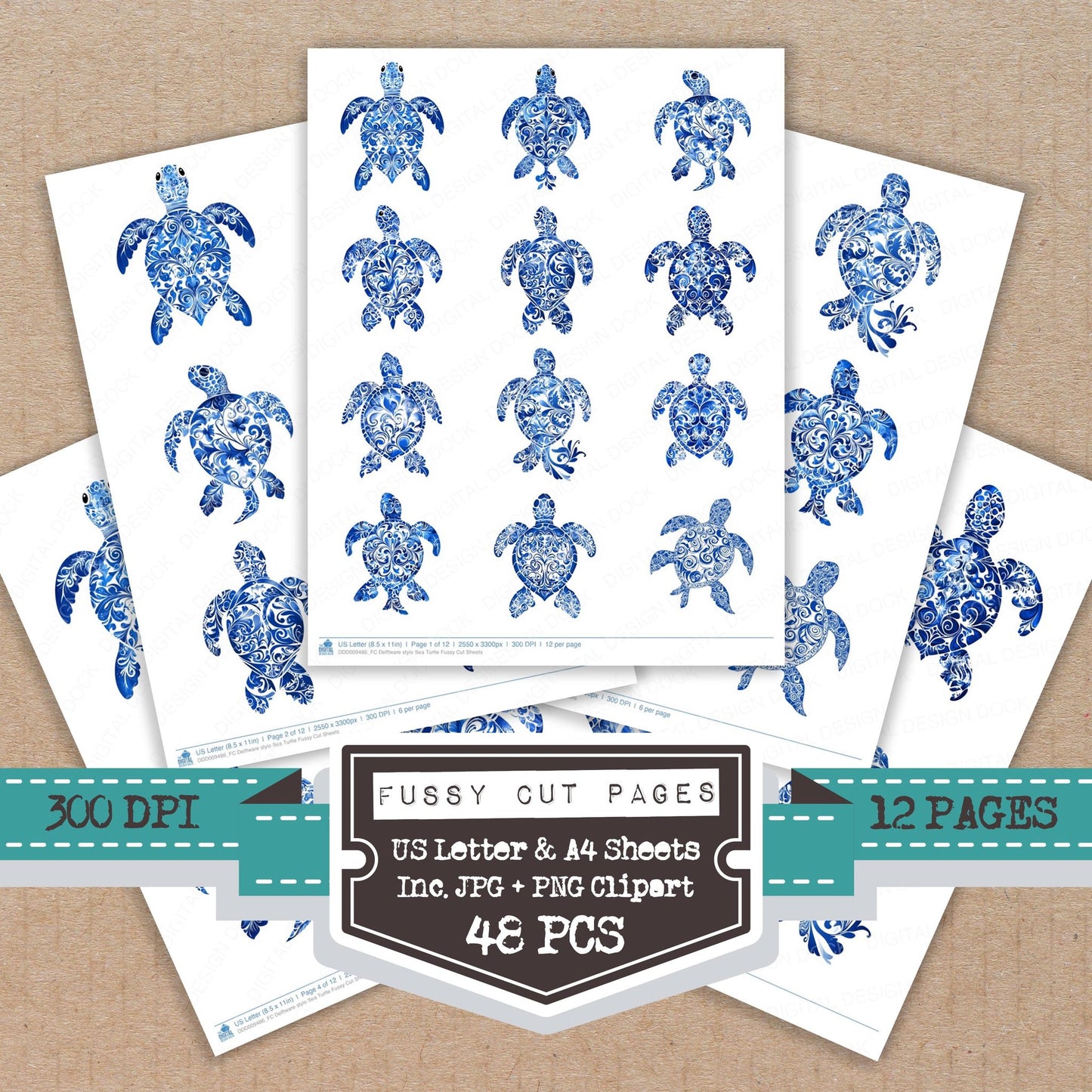 Delftware style Sea Turtle fussy cut printable sheets for junk journaling, scrapbooking, and paper craft projects