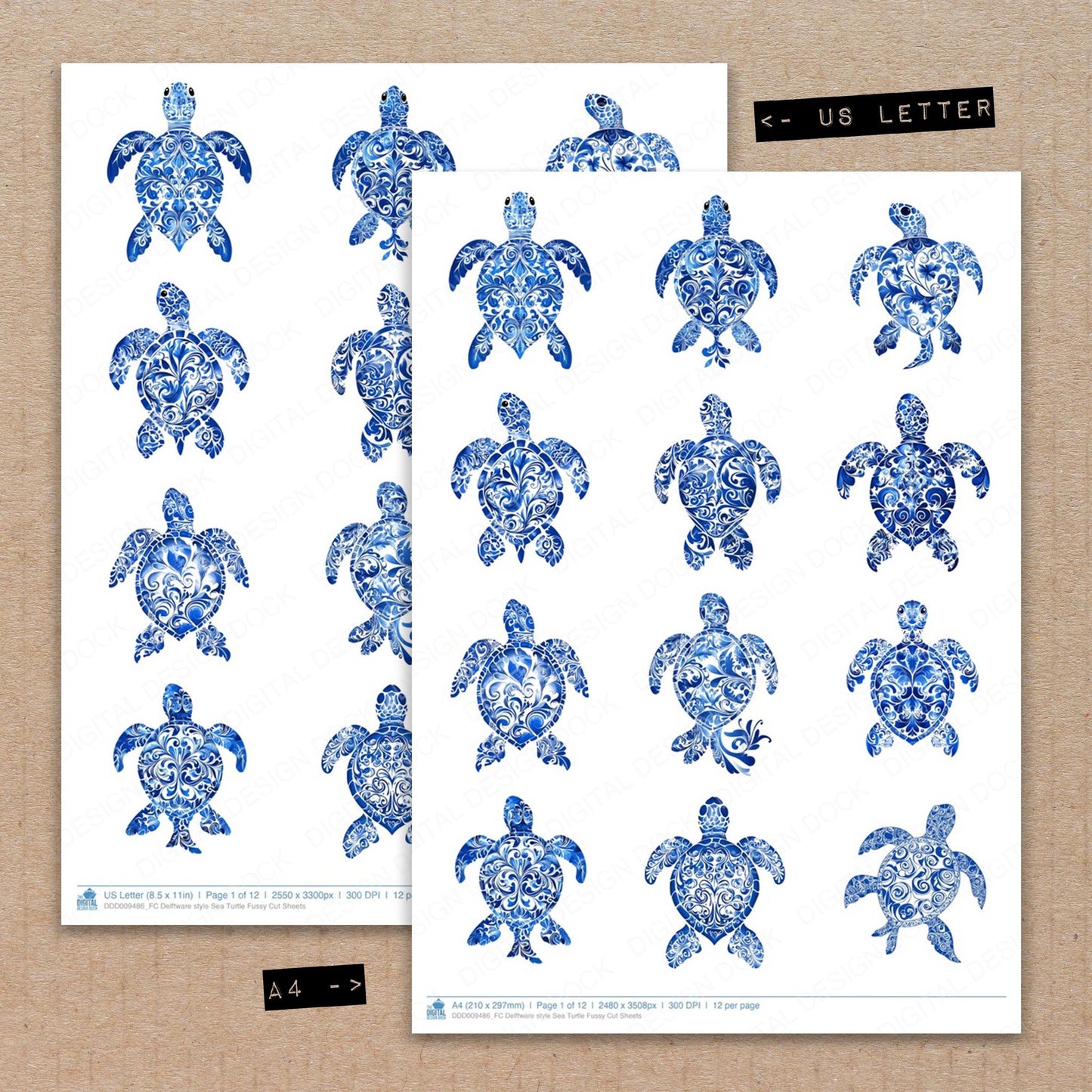 A4 and US Letter format comparison showing Delftware style Sea Turtle fussy cut pages for print and cut crafting