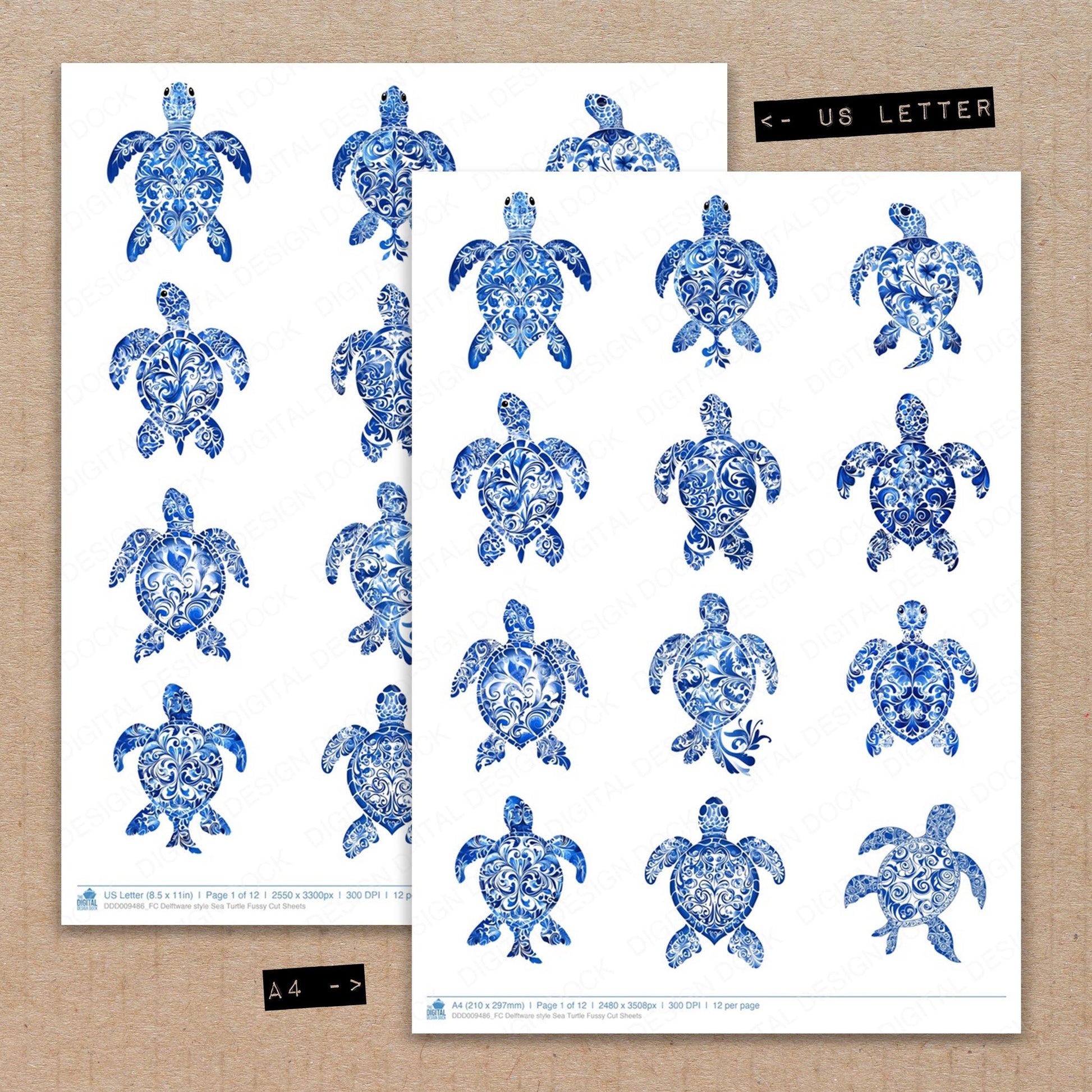 A4 and US Letter format comparison showing Delftware style Sea Turtle fussy cut pages for print and cut crafting
