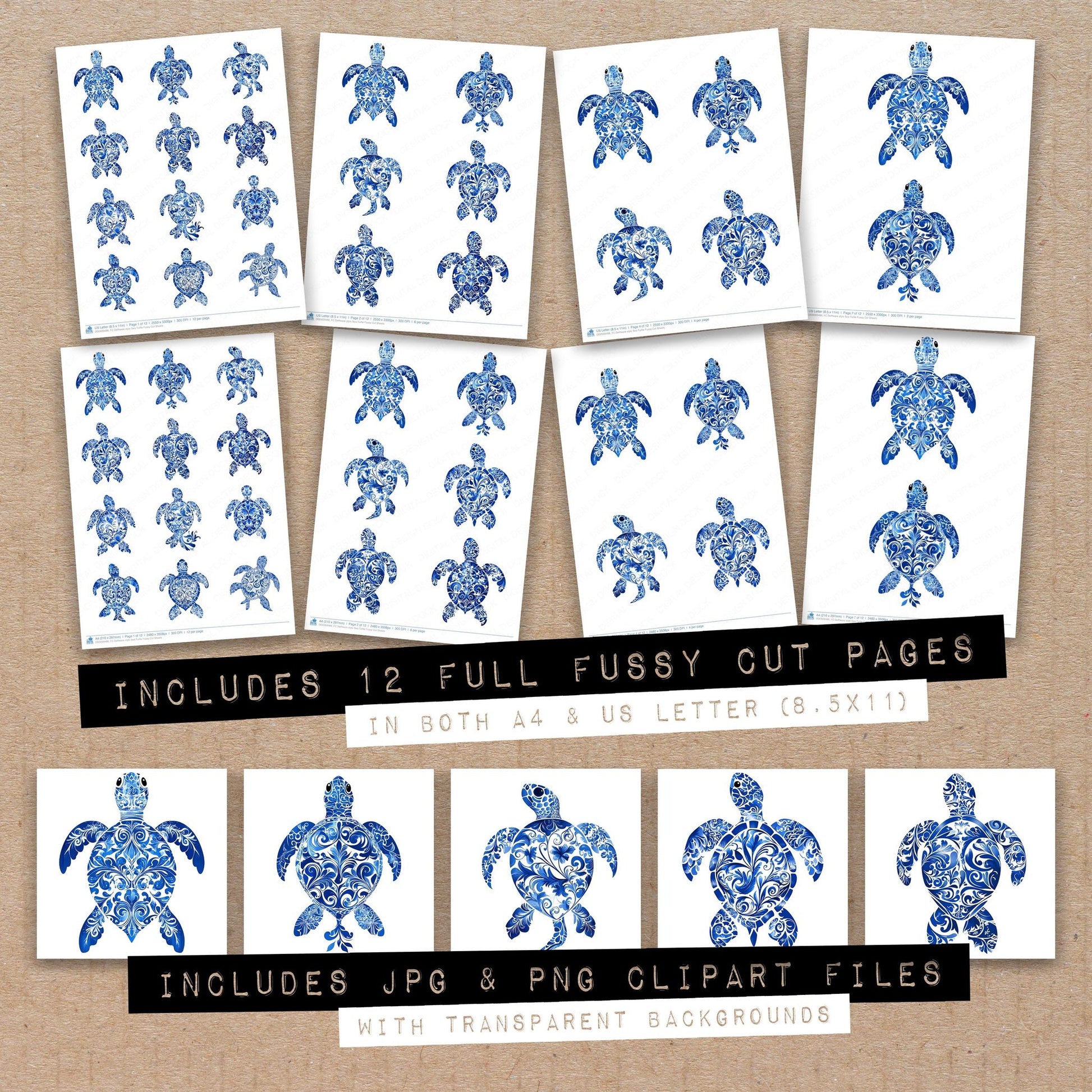 Full collection view of Delftware style Sea Turtle fussy cut sheets with bonus clipart JPG and PNG files