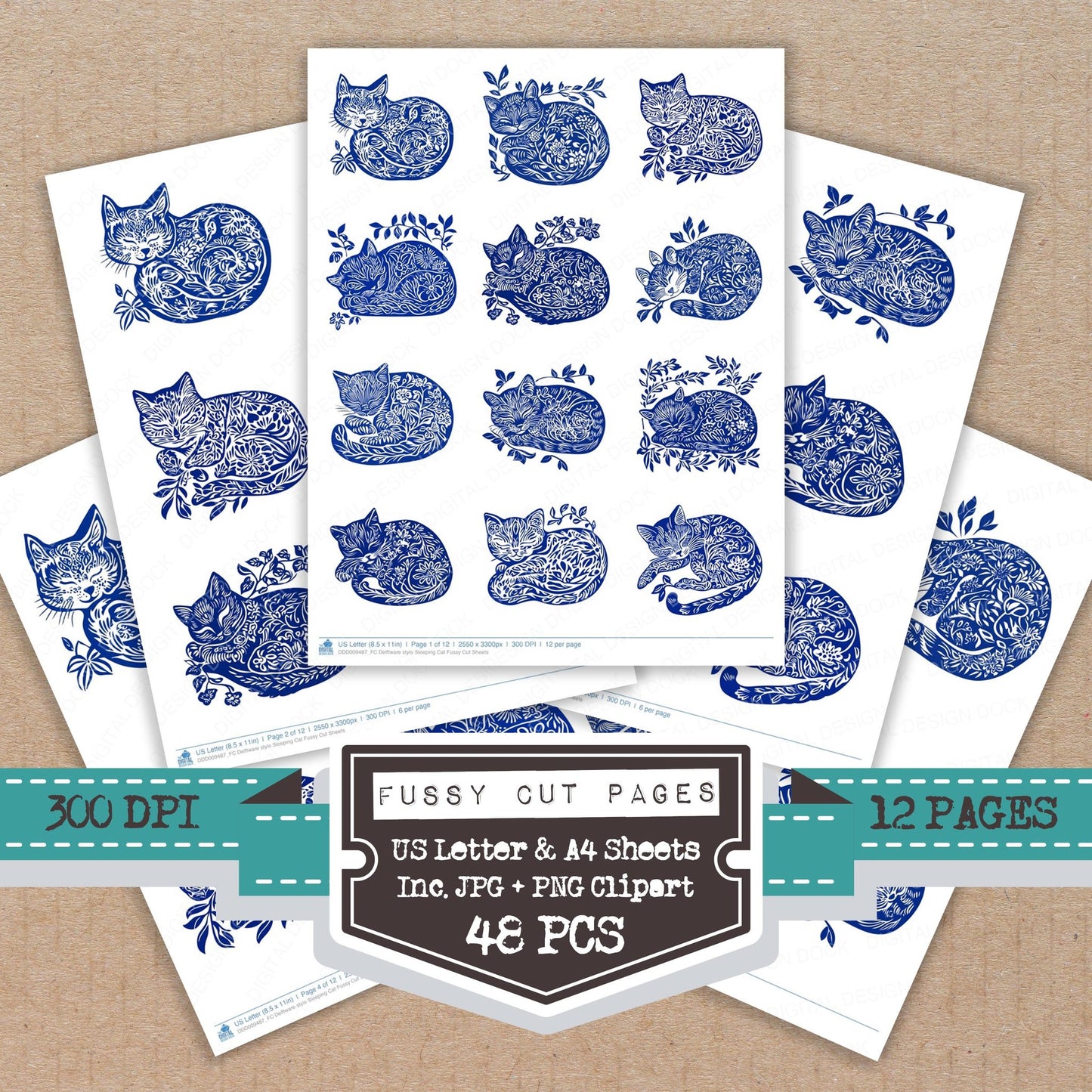 Delftware style Sleeping Cat fussy cut printable sheets for junk journaling, scrapbooking, and paper craft projects