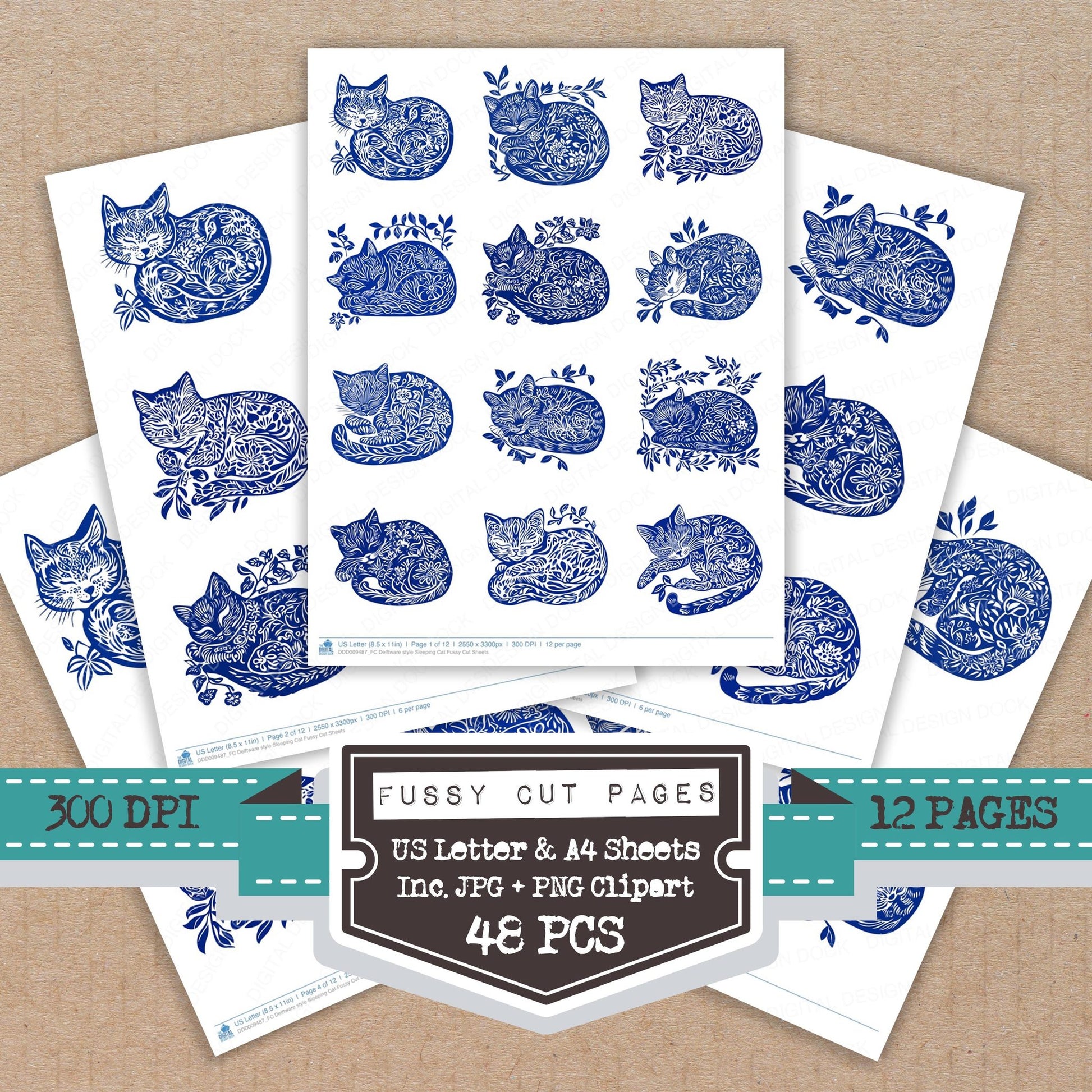Delftware style Sleeping Cat fussy cut printable sheets for junk journaling, scrapbooking, and paper craft projects