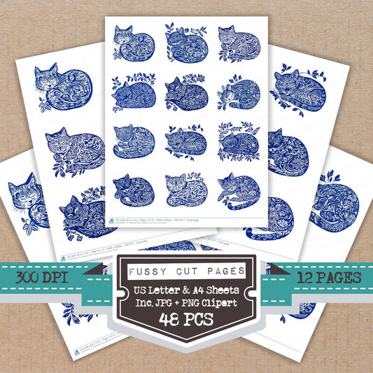 Delftware style Sleeping Cat fussy cut printable sheets for junk journaling, scrapbooking, and paper craft projects