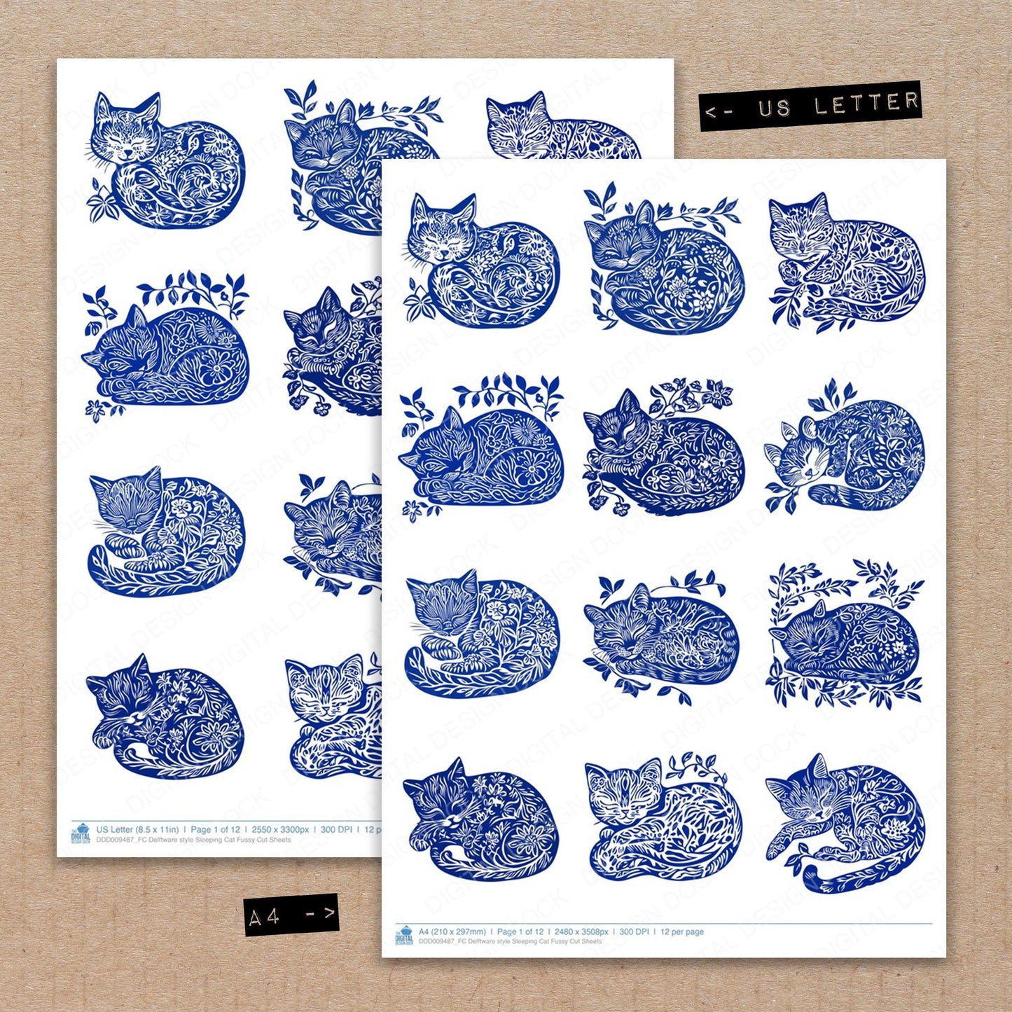 A4 and US Letter format comparison showing Delftware style Sleeping Cat fussy cut pages for print and cut crafting