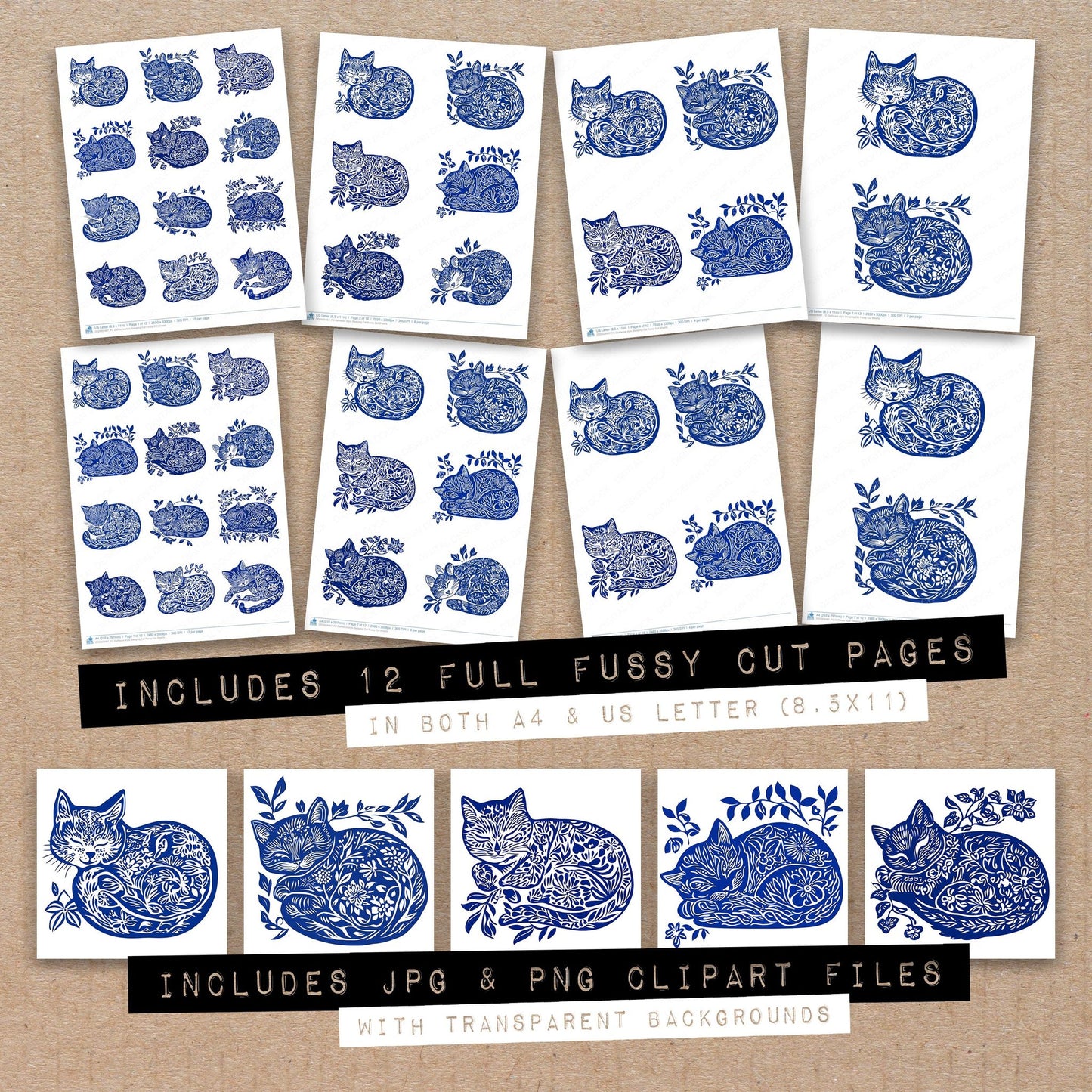 Full collection view of Delftware style Sleeping Cat fussy cut sheets with bonus clipart JPG and PNG files
