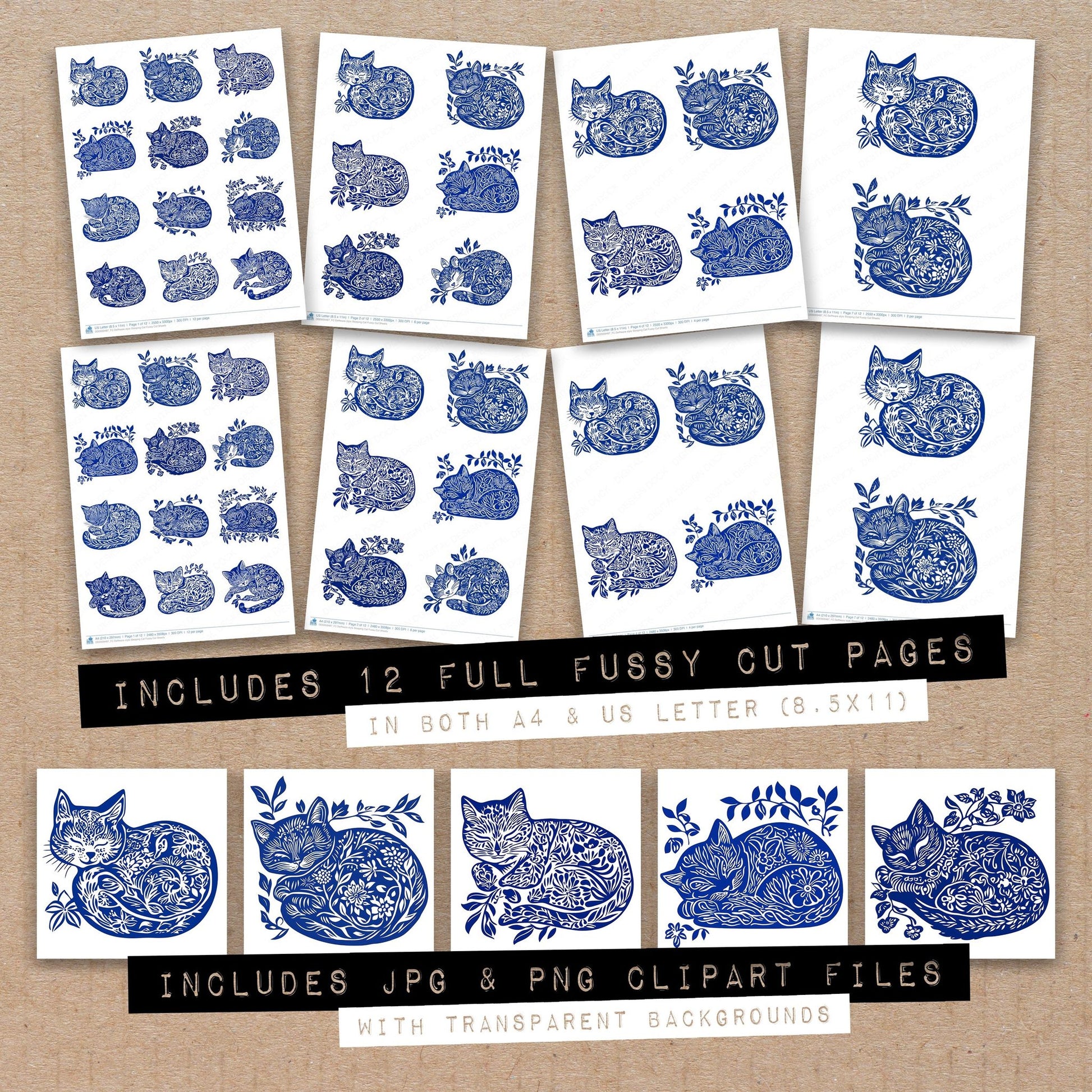 Full collection view of Delftware style Sleeping Cat fussy cut sheets with bonus clipart JPG and PNG files