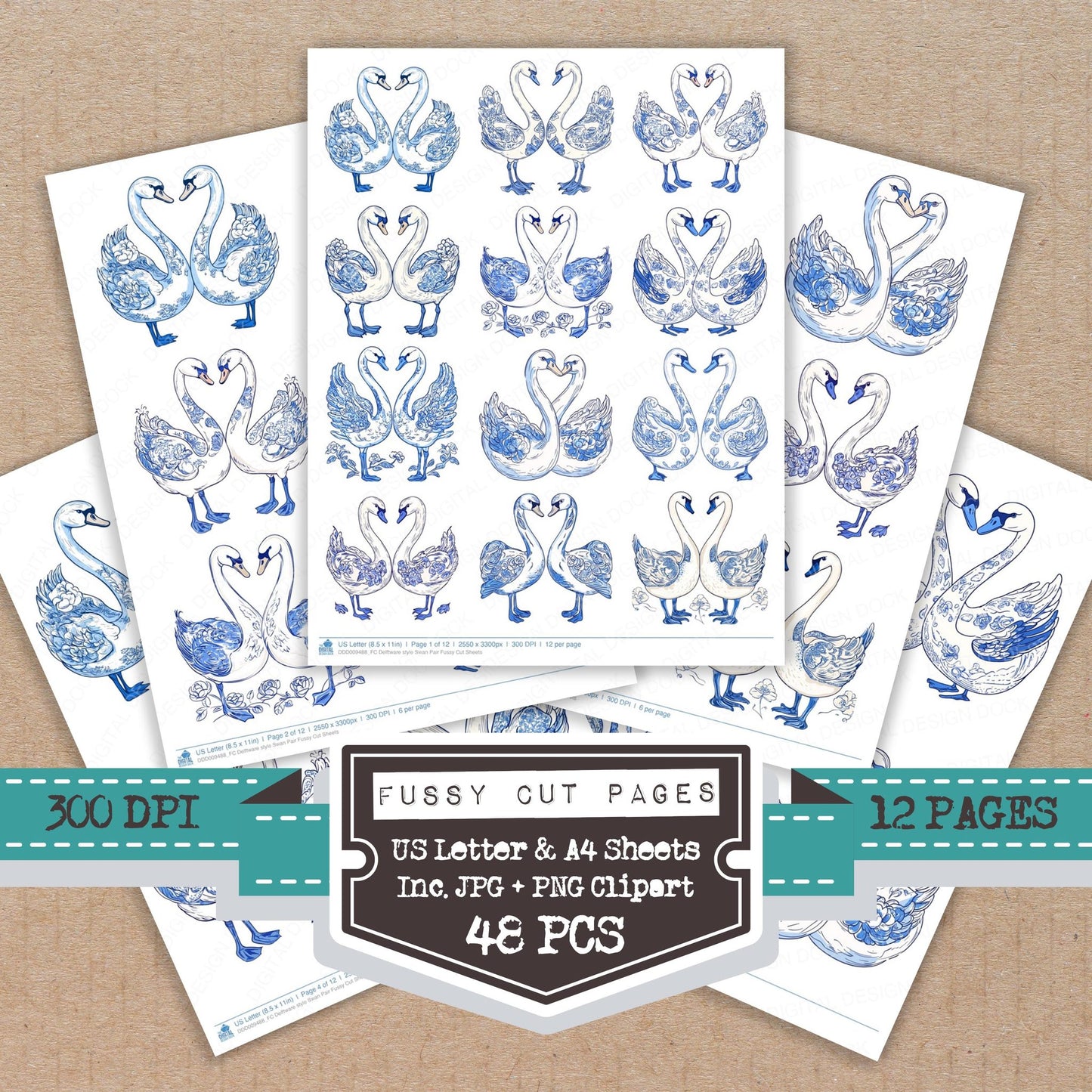 Delftware style Swan Pair fussy cut printable sheets for junk journaling, scrapbooking, and paper craft projects