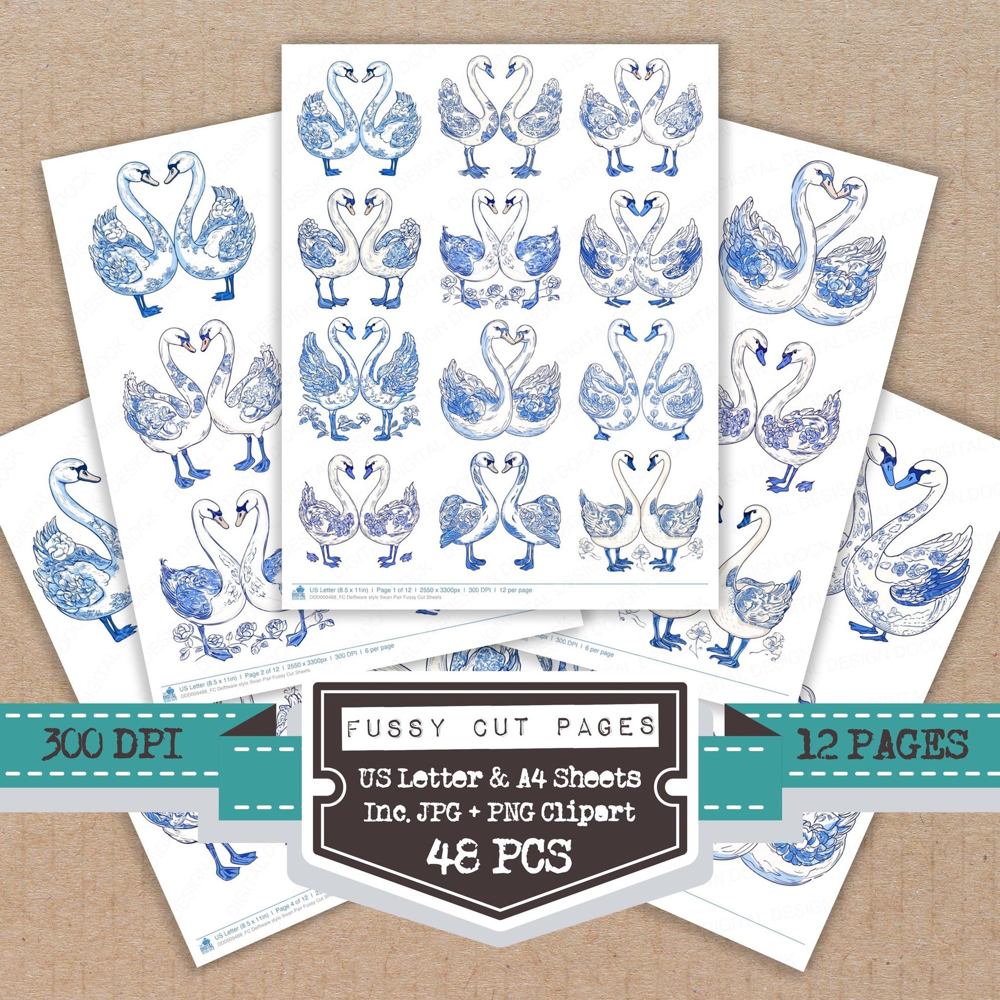 Delftware style Swan Pair fussy cut printable sheets for junk journaling, scrapbooking, and paper craft projects