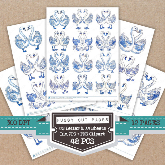 Delftware style Swan Pair fussy cut printable sheets for junk journaling, scrapbooking, and paper craft projects