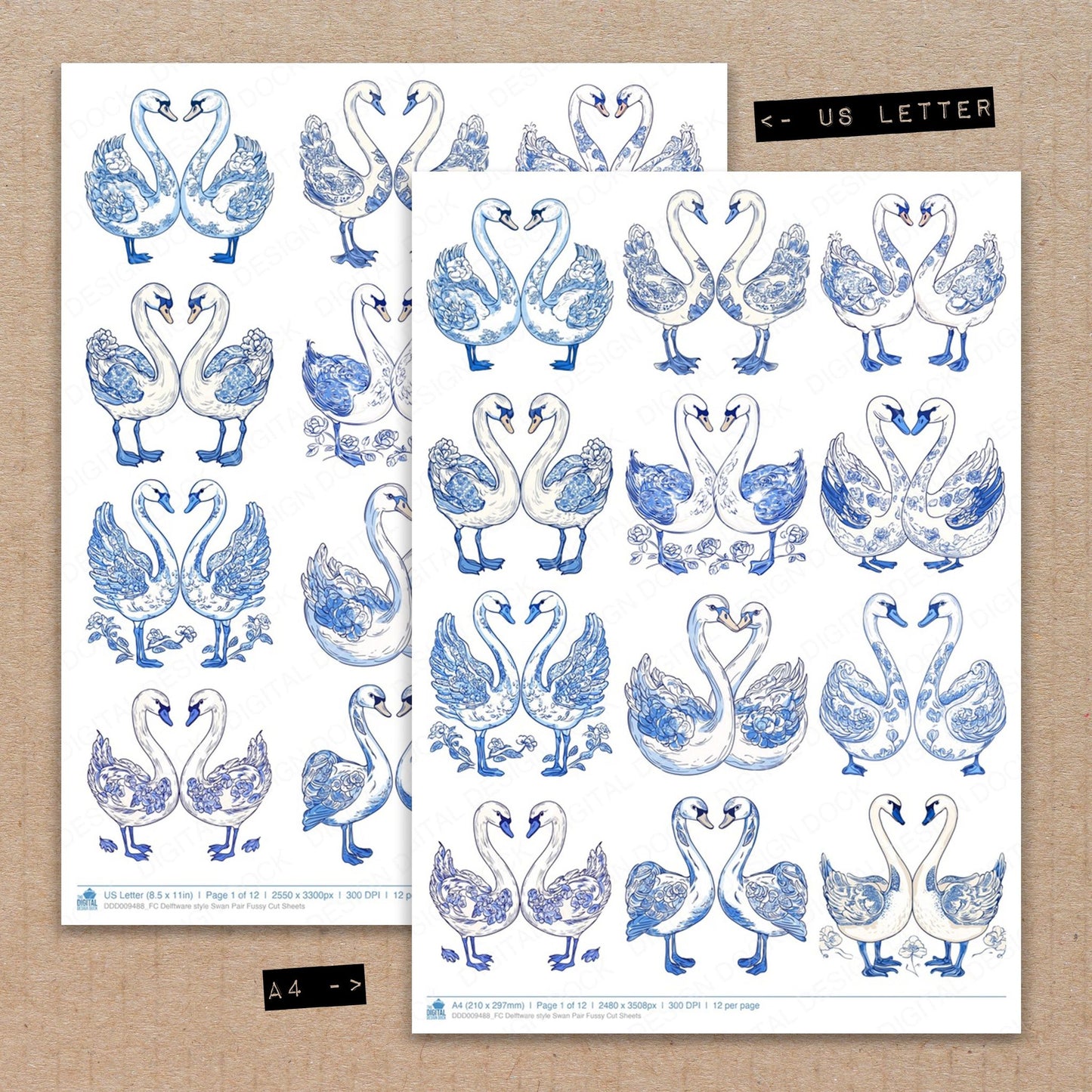A4 and US Letter format comparison showing Delftware style Swan Pair fussy cut pages for print and cut crafting