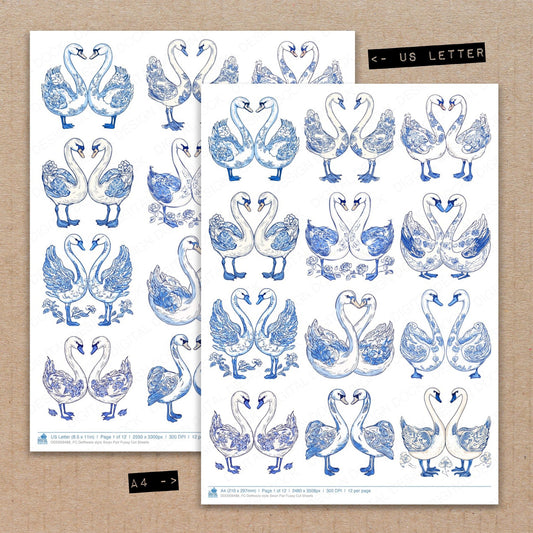 A4 and US Letter format comparison showing Delftware style Swan Pair fussy cut pages for print and cut crafting