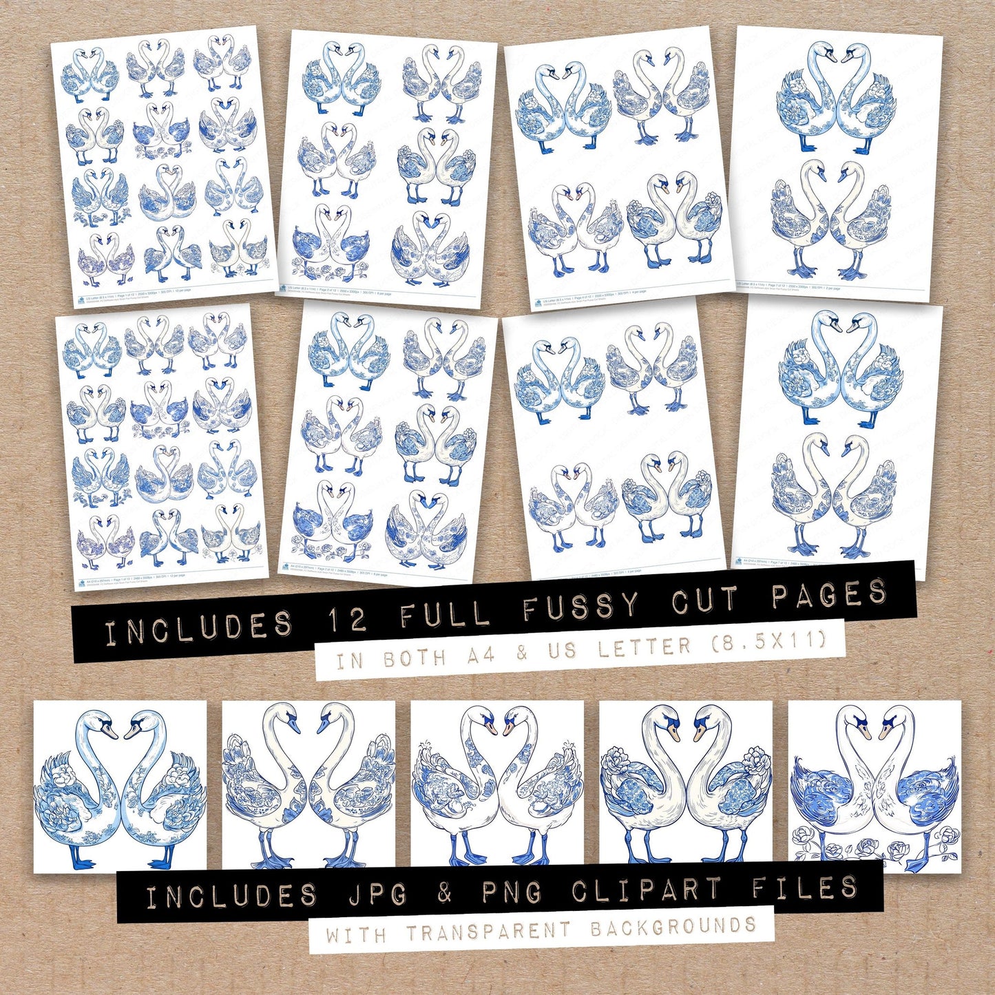 Full collection view of Delftware style Swan Pair fussy cut sheets with bonus clipart JPG and PNG files