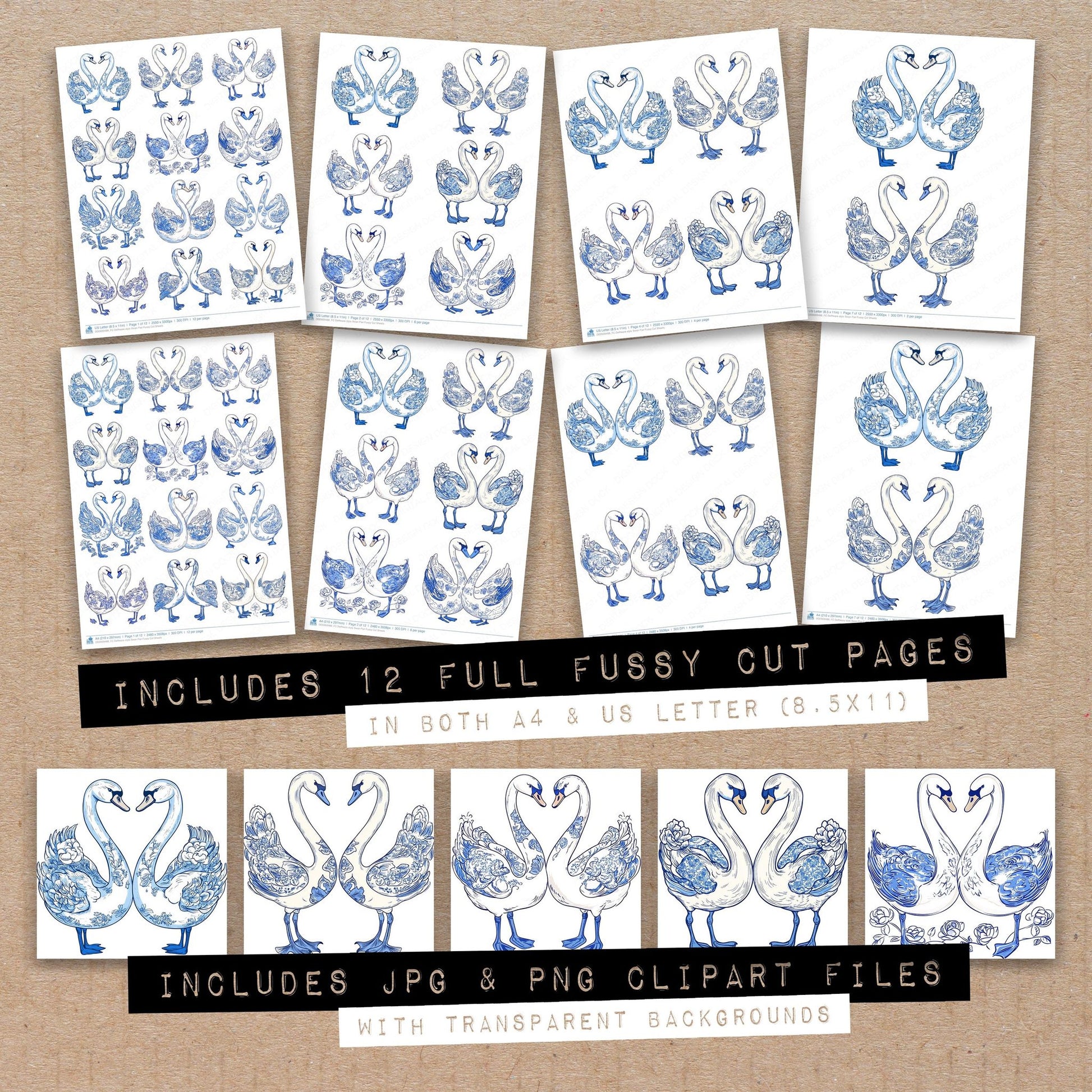Full collection view of Delftware style Swan Pair fussy cut sheets with bonus clipart JPG and PNG files